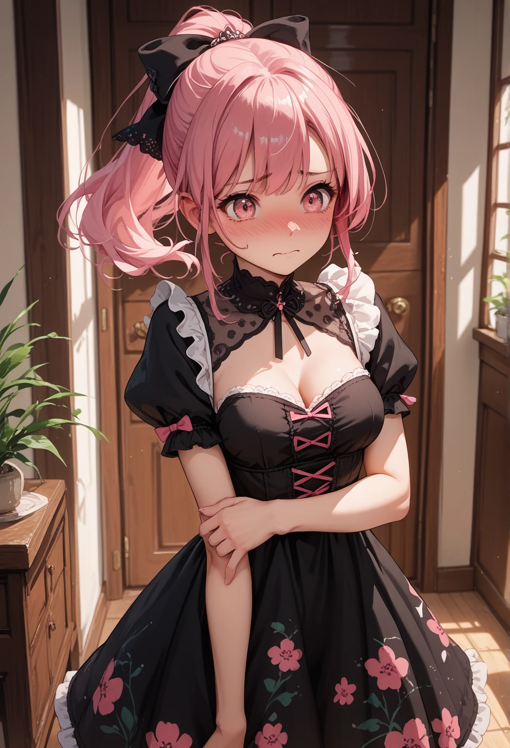  score_9, score_8_up, score_7_up,source_anime,1cute girl, pink hair,  pattern 、 ponytail, Black Ribbon,  pink eyes,  embarrassed face,  Medium Breasts,  black dress, miniskirt , 