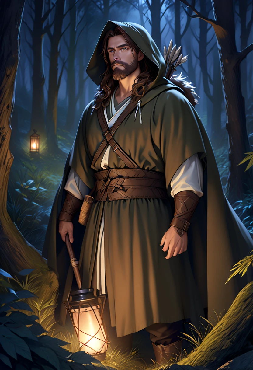 male,  long brown hair,  Bearded , Medieval Druid Hunter, In the middle of a deep forest at night, Hooded, Medieval style,  realistic,  ultra detail   