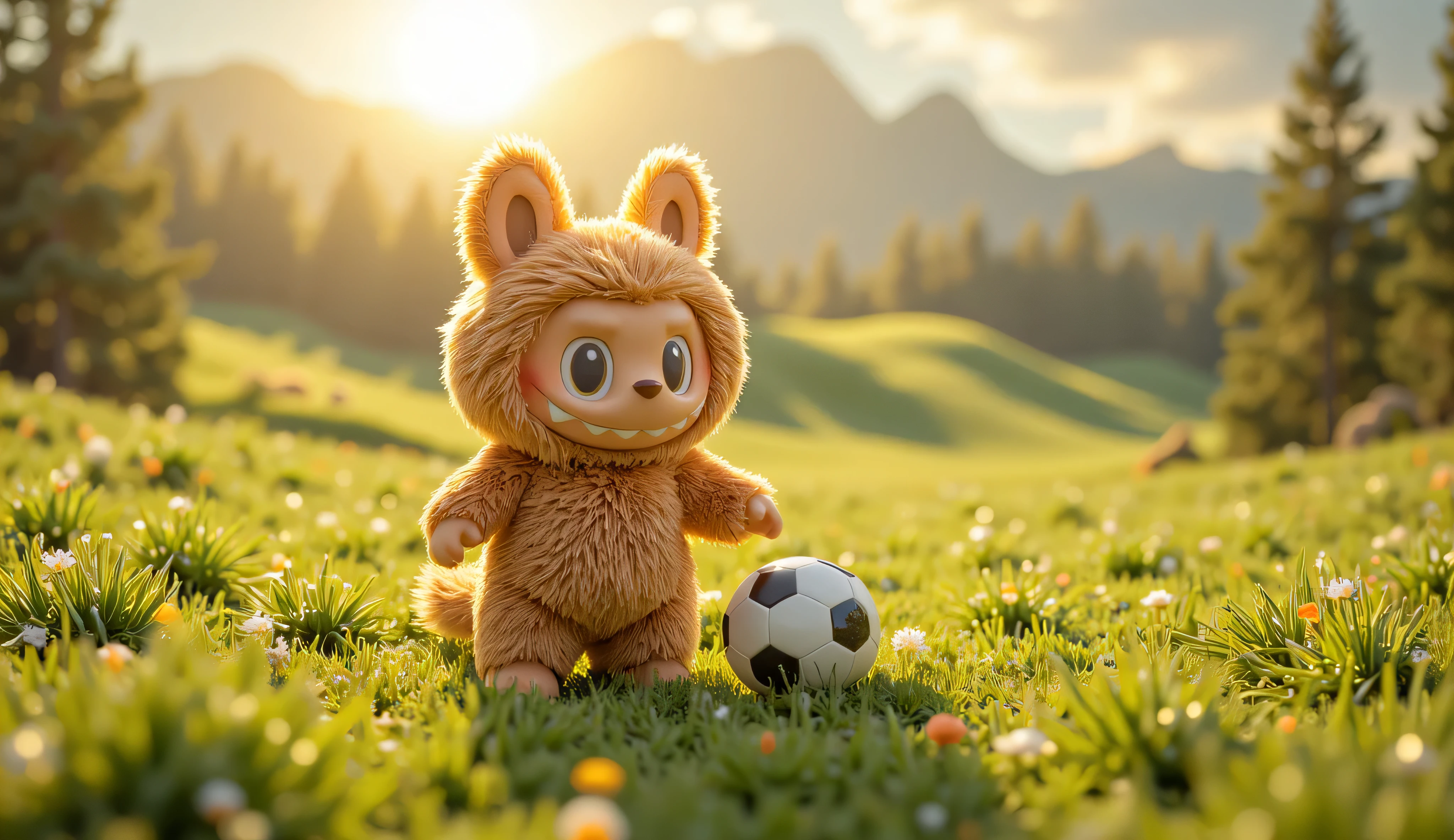 Labubu stood on a wide green field in the morning sun, his body full of hair, with a soccer ball at his feet. The grass glistened with morning dew, while Labubu beamed with enthusiasm.