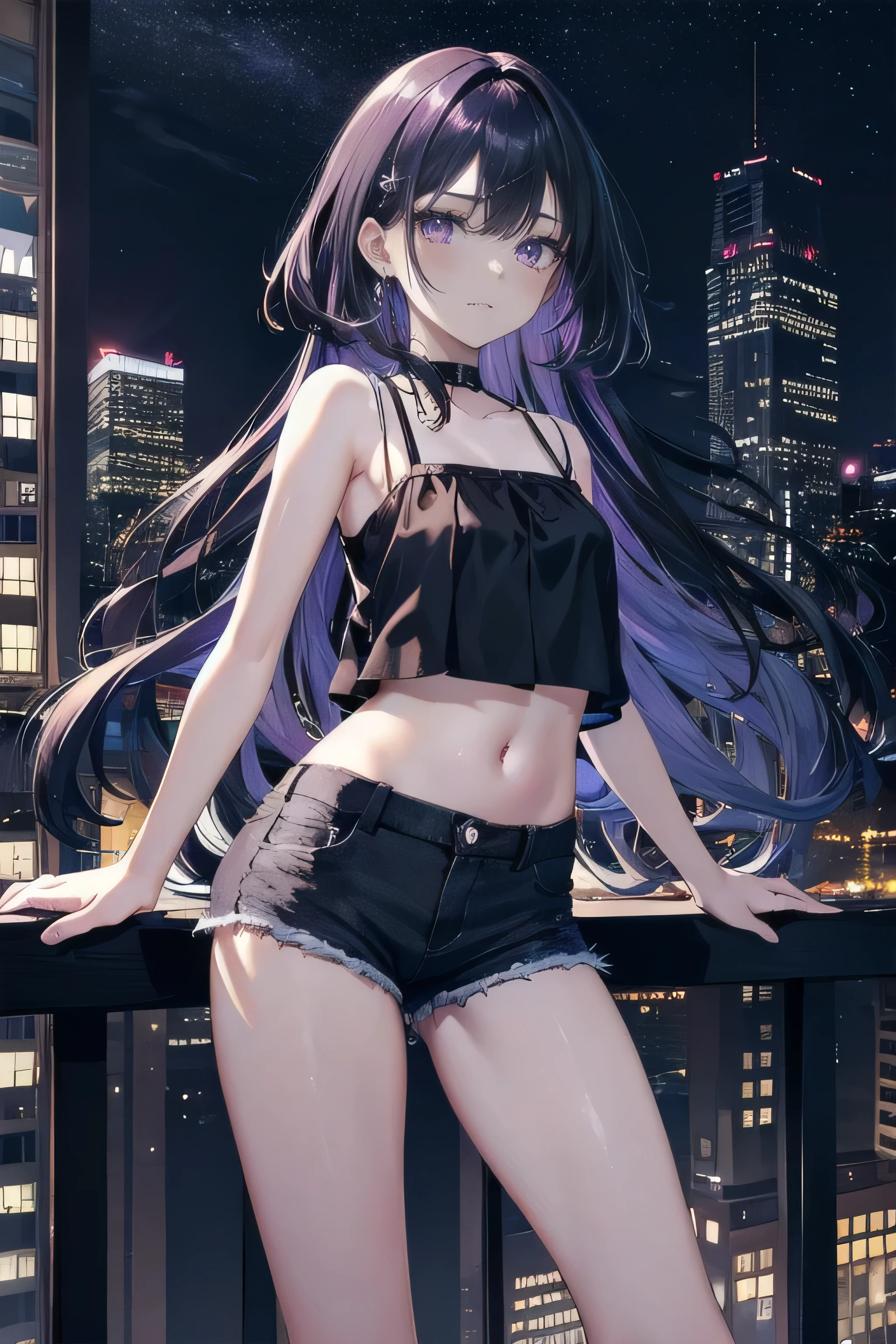 (masterpiece), (best quality), ultra detailed, finely detailed color, cenematic painting, bishoujo, model, ((one lady)), teenager, cute face, black sword, black hair, absurdly long hair, straight hair, standing, chocker, ((black camisole)), sleeveless, bare legs, short jeans, (violet eyes:1.2), purple eyes, expressionless, slender body, small chest, urban, rooftop, city, night