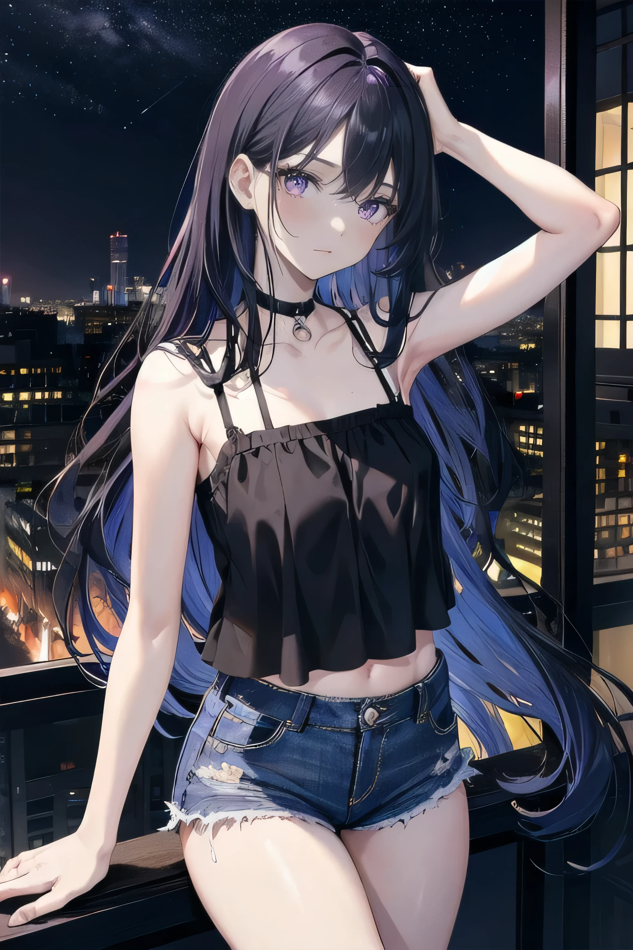 (masterpiece), (best quality), ultra detailed, finely detailed color, cenematic painting, bishoujo, model, ((one lady)), teenager, cute face, black sword, black hair, absurdly long hair, straight hair, standing, chocker, ((black camisole)), sleeveless, bare legs, short jeans, (violet eyes:1.2), purple eyes, expressionless, slender body, small chest, urban, rooftop, city, night