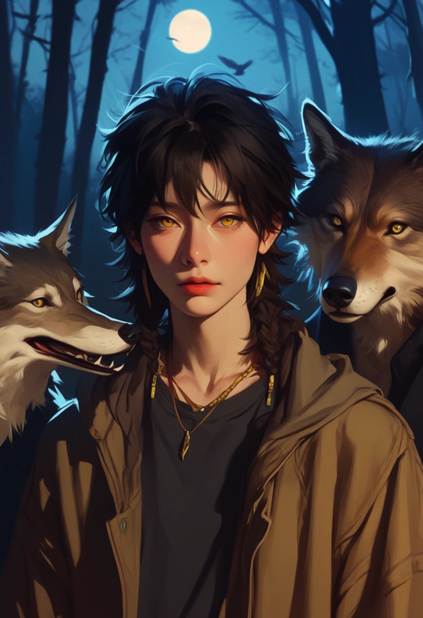  realistic due diligence,  Korean cartoon style , meticulous, brown wolf, Clothes animals,  Gold Eyes ,  Dark Night , In the forest, Full moon, One bird 