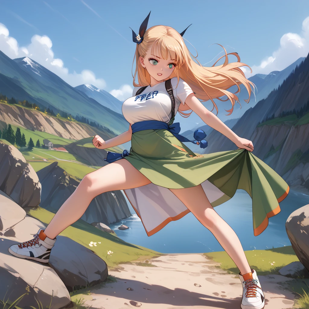 landscape, mountain, BREAK, skinny, 1 petite girl standing, fighter_dq3, bouncing large breasts, open legs, BREAK, large breasts, too short torso, too short waist, too narrow waist, skinny legs, very long legs, BREAK, green chinese dress, bared legs, bottomless, slit