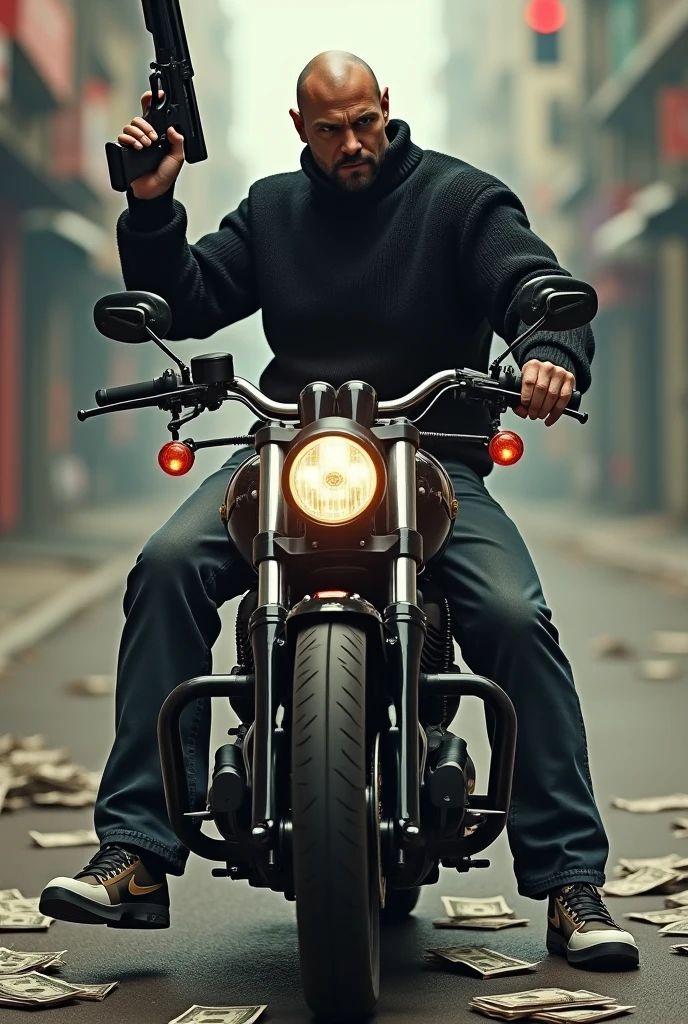 30 years Indian man is riding on royal Enfield bike very angry, he wears black shirt,blue jeans, stylish shoes. this is at night time, strong wind is there. His palm of hand covered with blood. His face is hidden with kerchief, his half face covered with blood