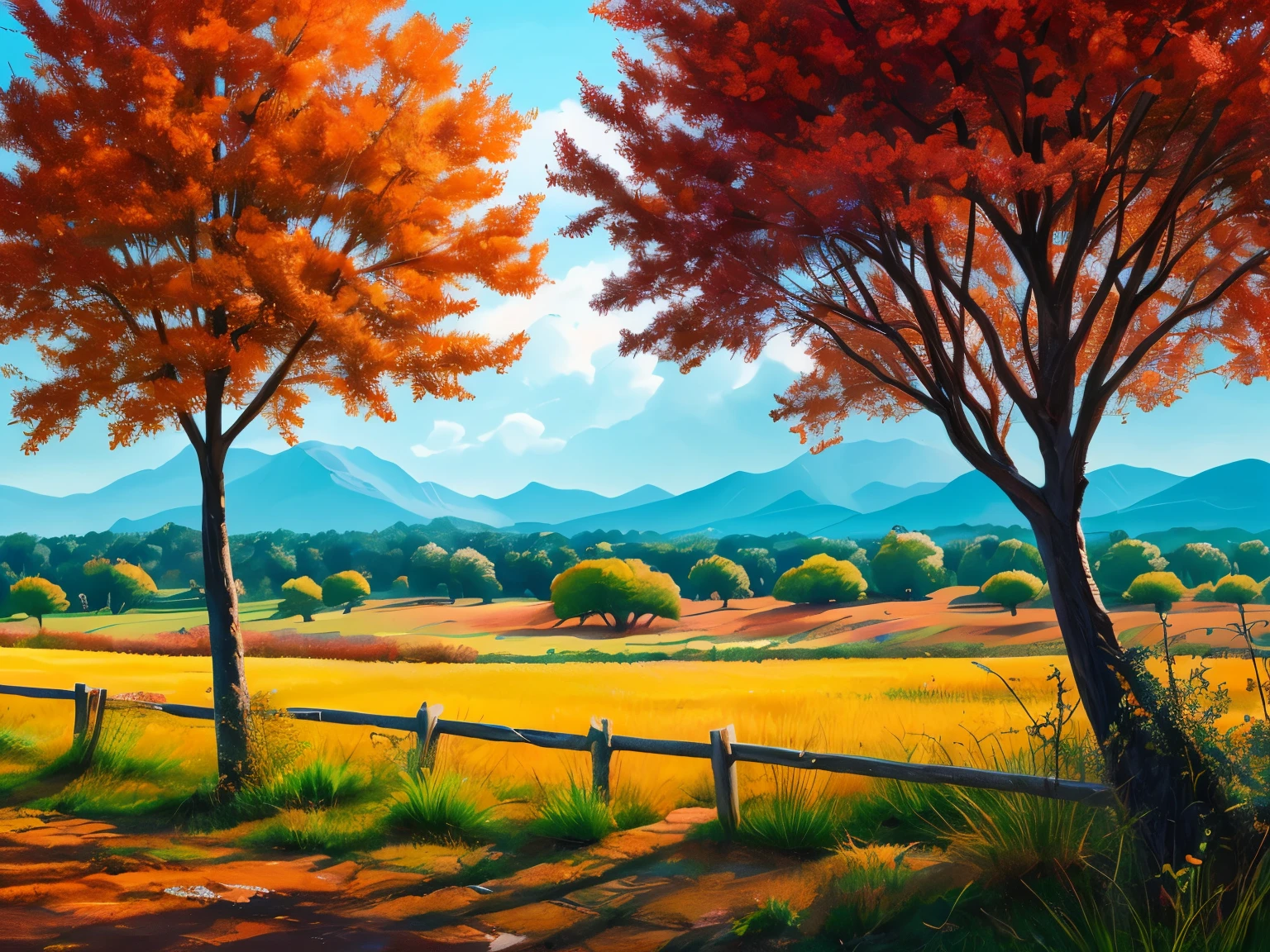 colorful Landscape Painting in brush stroke texture effects with abstract trees and Birds in knife art in 4k resolution