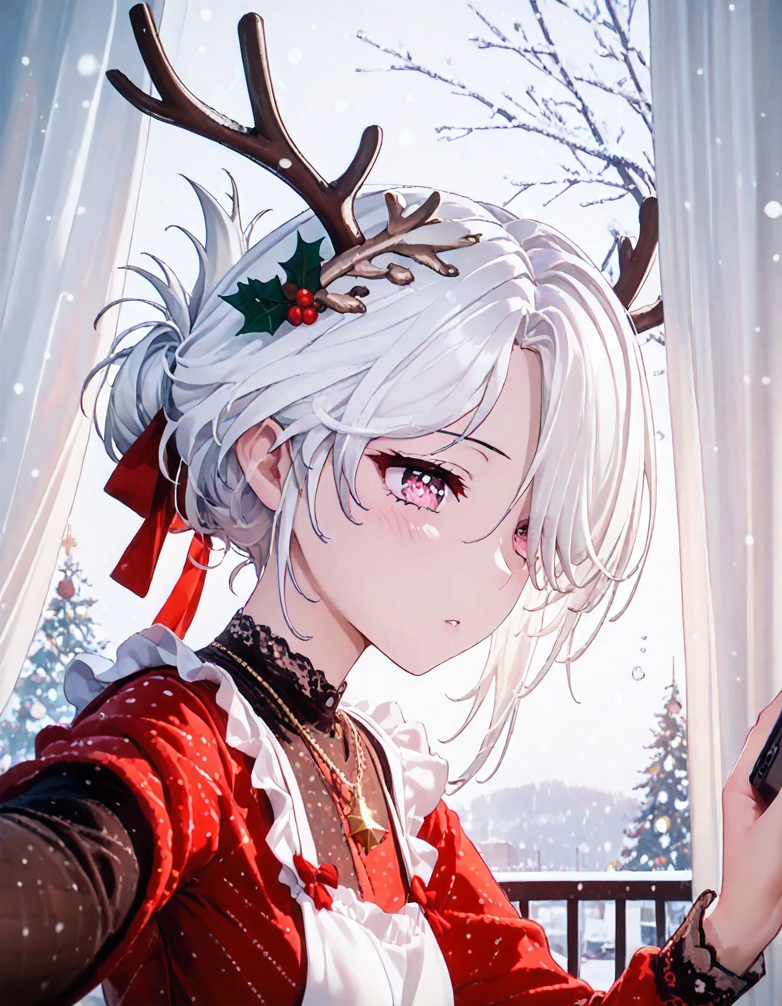 UN\(EOE\),youen\(EOE\),one girl,solo,best quality, masterpiece,score_9, score_8_up, score_7_up, score_6_up, source_anime, beautiful girl, iris midgar, perfect anatomy, (photoshooting studio scenery),,break,1girl,(snowing,winter,christmas theme,christmas tree,bokeh background), (weak Lighting),,break, super detailed skin,very high resolution, very aesthetic,by famous artist, 8k, 16k,,beauty illustration,photoshop_(small),,(pink eyes:1.2),(white hair|Detailed hair|short hair|folded ponytail|hair over one eye),((curtain haircut:1.2,curtained hair,antlers,)),(red short apron,black stockings,break,),POV,(sleepy,squinting,),dilated pupils,wariza,reaching out,selfie,taking selfie,wariza,from side,looking away,