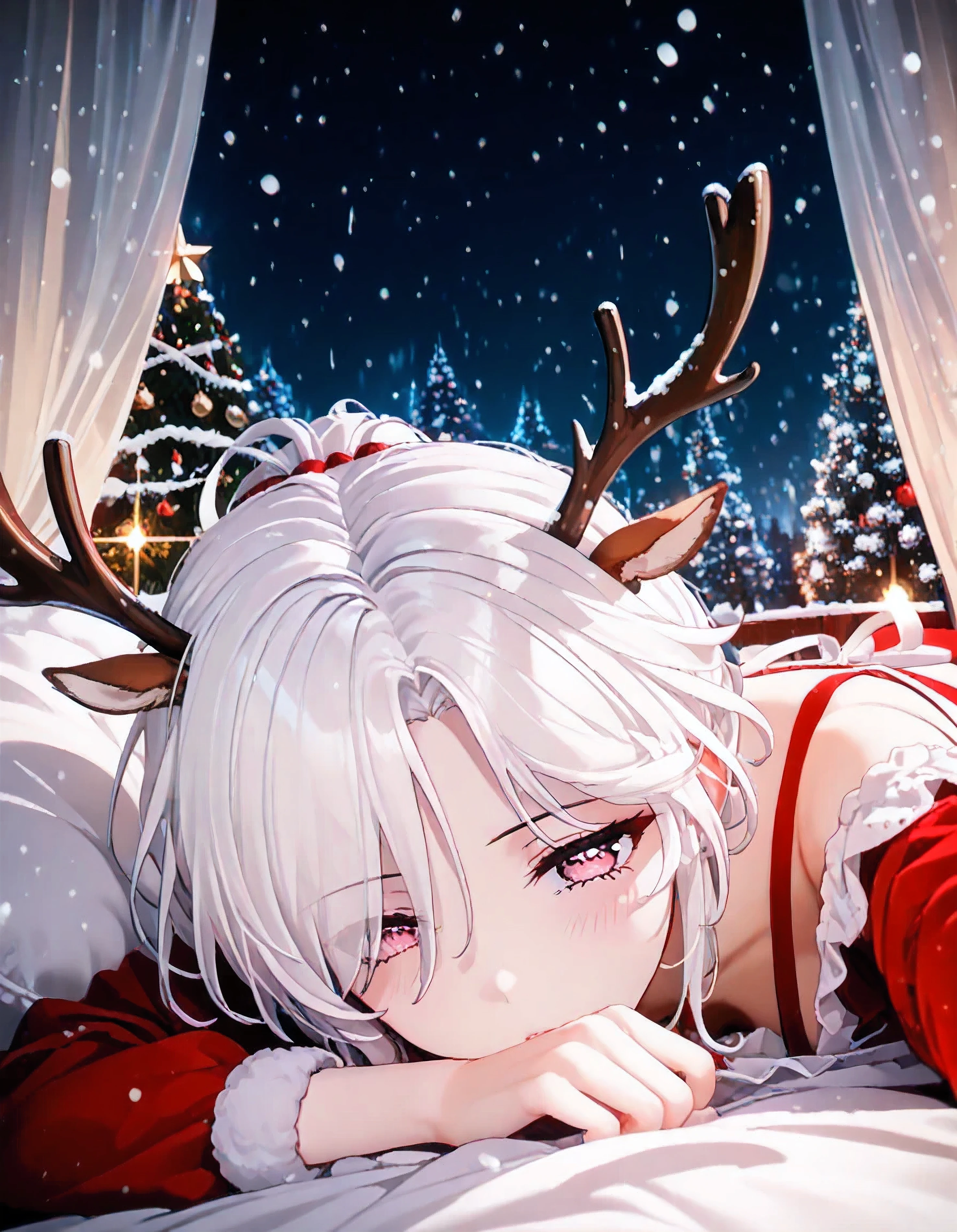 UN\(EOE\),youen\(EOE\),one girl,solo,best quality, masterpiece,score_9, score_8_up, score_7_up, score_6_up, source_anime, beautiful girl, iris midgar, perfect anatomy, (photoshooting studio scenery),,break,1girl,(snowing,winter,christmas theme,christmas tree,bokeh background), (weak Lighting),,break, super detailed skin,very high resolution, very aesthetic,by famous artist, 8k, 16k,,beauty illustration,photoshop_(small),,(pink eyes:1.2),(white hair|Detailed hair|short hair|folded ponytail|hair over one eye),((curtain haircut:1.2,curtained hair,antlers,)),(red short apron,black stockings,break,),POV,(sleepy,squinting,),dilated pupils,,selfie,taking selfie,wariza,from behind,looking away,top-down bottom-up,
