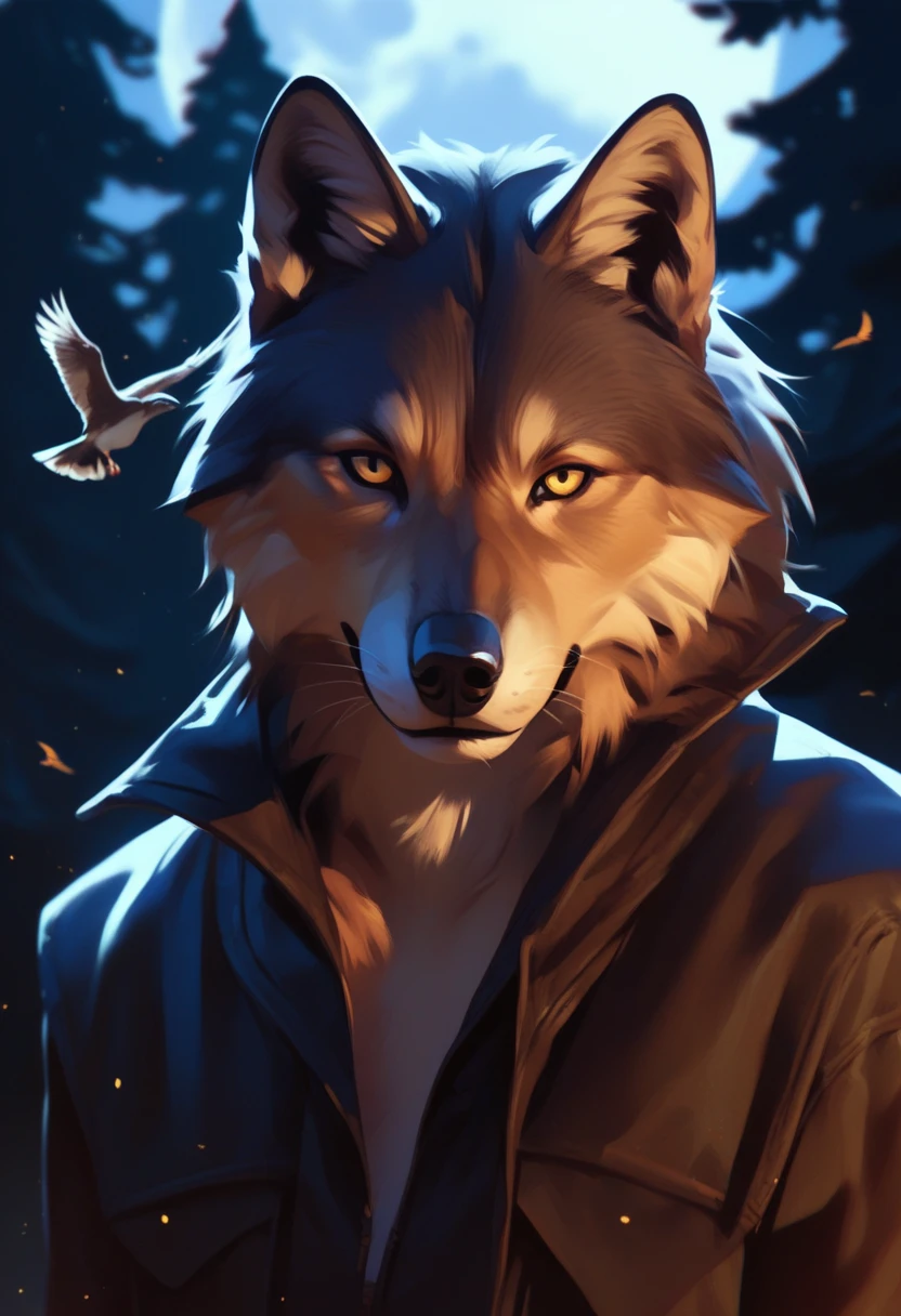  realistic due diligence,  cartoon style , meticulous, brown wolf, animal,  Gold Eyes ,  Dark Night , In the forest, Full moon, One bird 