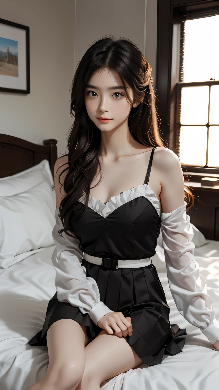 20-year-old sexy model, mix4, Black one shoulder off shoulder shirt, White pleated skirt, A plump chest, Bigchest, slender leg, Lie down in bed, Pose for photos in bed, best qualtiy, 超高分辨率, lighting perfect, ssmile, ((Satellite view, Bird's eye view))