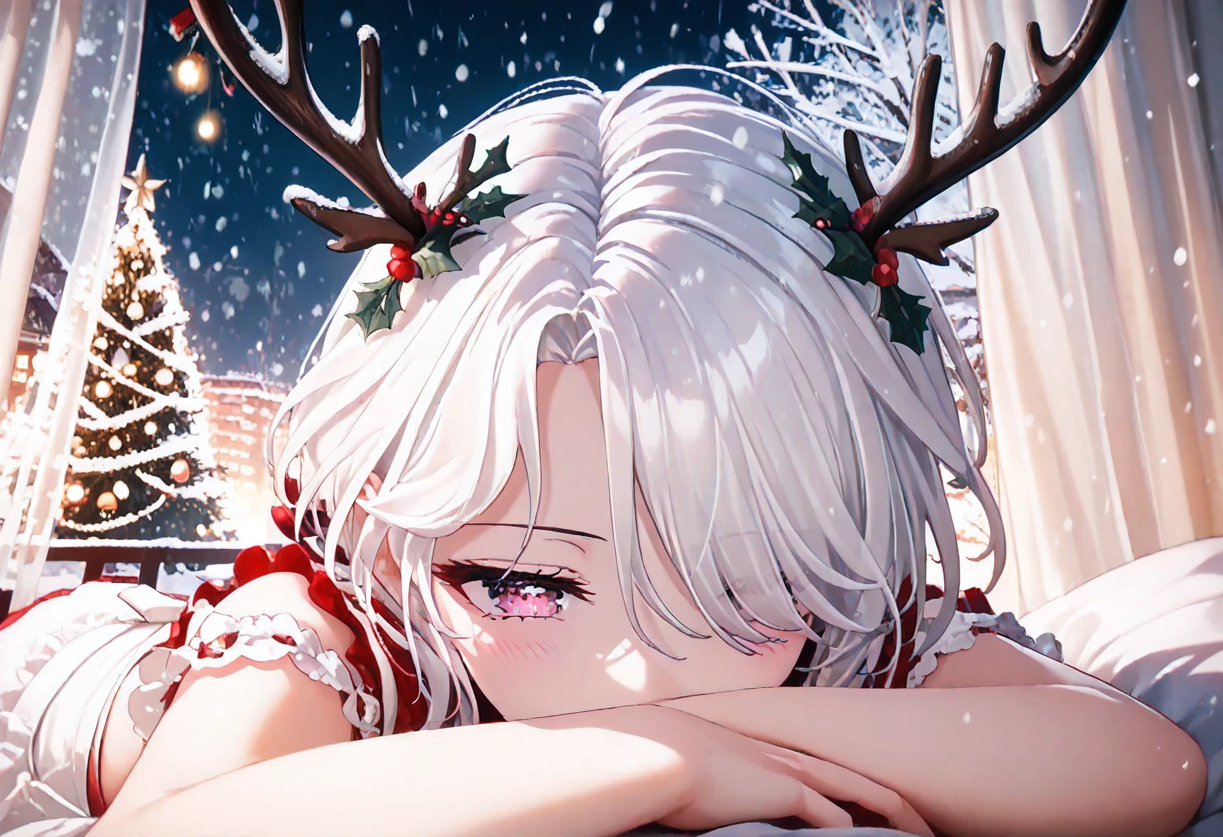 UN\(EOE\),youen\(EOE\),one girl,solo,best quality, masterpiece,score_9, score_8_up, score_7_up, score_6_up, source_anime, beautiful girl, iris midgar, perfect anatomy, (photoshooting studio scenery),,break,1girl,(snowing,winter,christmas theme,christmas tree,bokeh background), (weak Lighting),,break, super detailed skin,very high resolution, very aesthetic,by famous artist, 8k, 16k,,beauty illustration,photoshop_(small),,(pink eyes:1.2),(white hair|Detailed hair|short hair|folded ponytail|hair over one eye),((curtain haircut:1.2,curtained hair,antlers,)),(red short apron,black stockings,break,),POV,(sleepy,squinting,),dilated pupils,,selfie,taking selfie,wariza,from behind,looking away,top-down bottom-up,