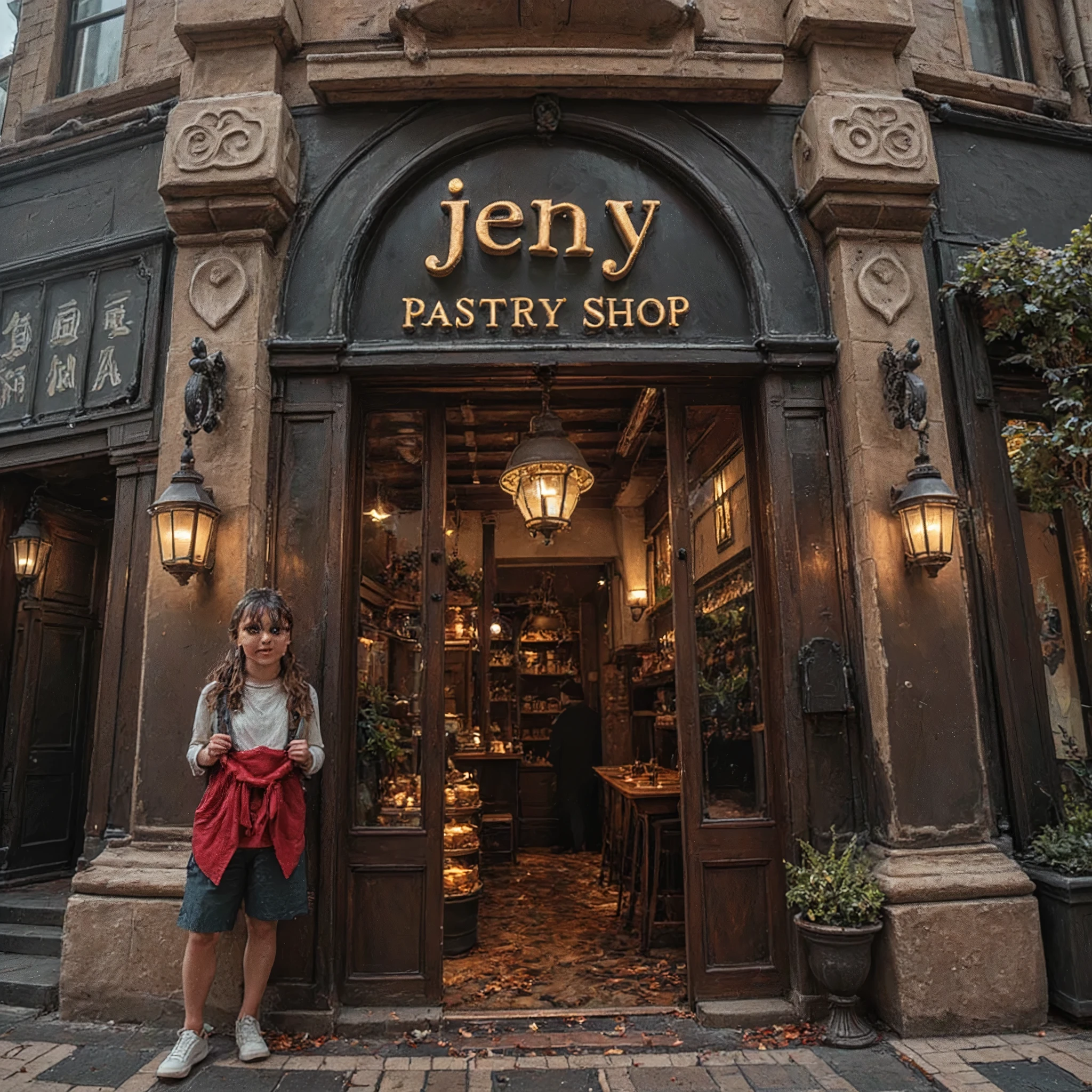  unusual letter-style logo  "JENY"  voluminous on the facade of a sign of a modern stylish expensive pastry shop, font style with unique spelling , 