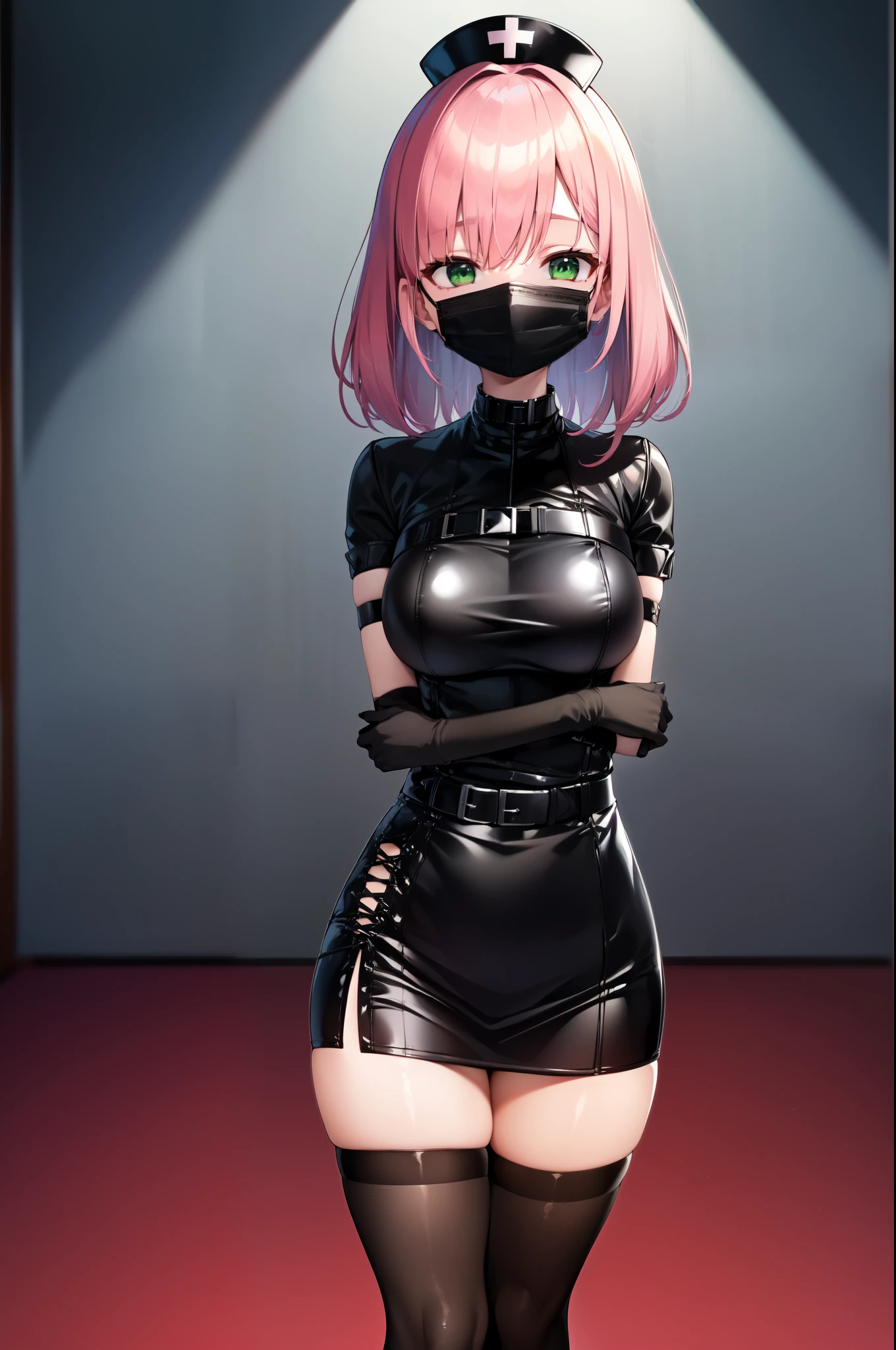black nurse, 1girl, solo, black nurse cap, black nurse uniform, ((black legwear, zettai ryouiki)), black elbow gloves, pink hair, green eyes, drooping eyes, ((black surgical mask, covered nose)), standing, ((surgery room)), sharp outline, short sleeves, best quality, masterpiece