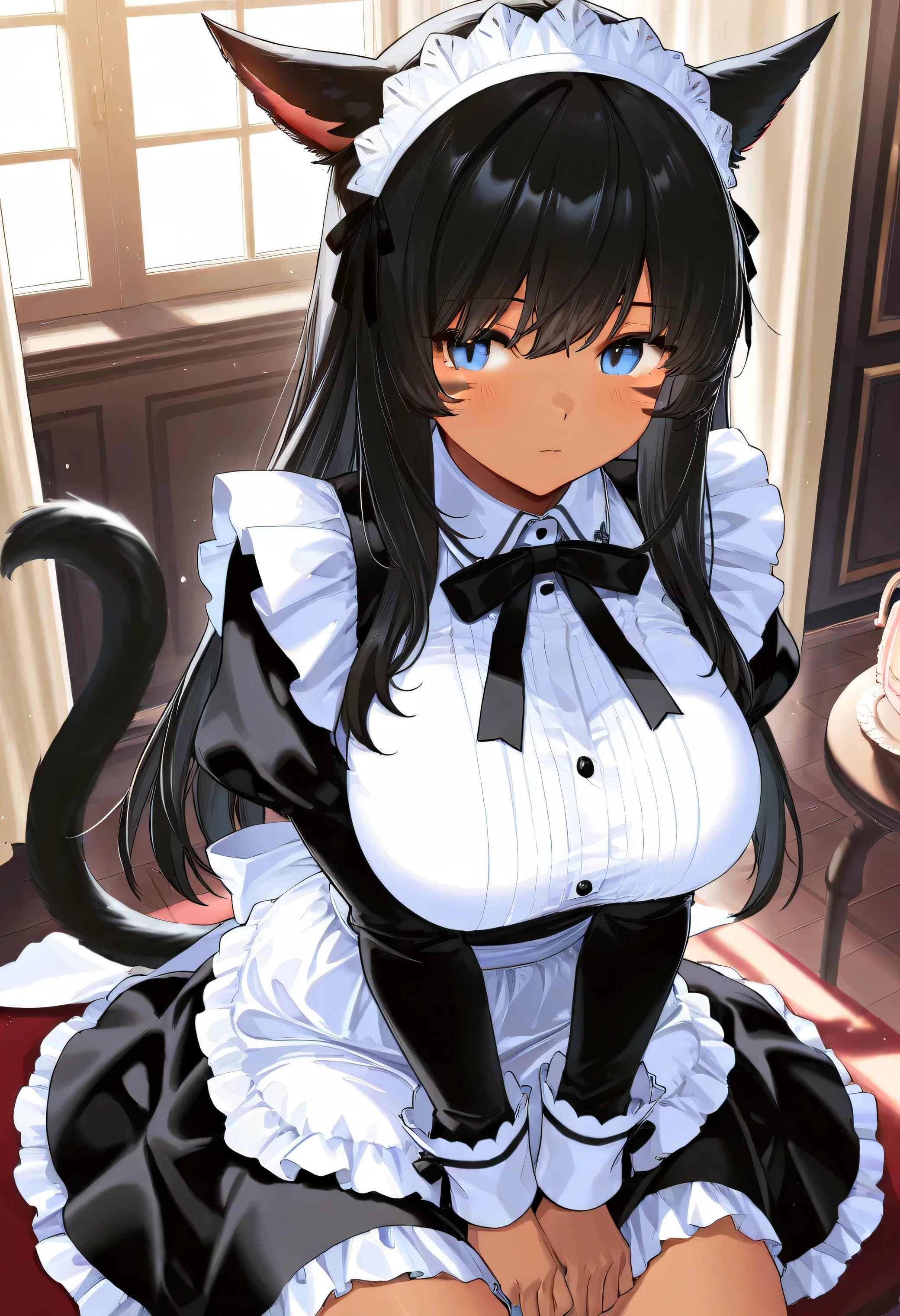 beautiful lights and shadows, ambient light, ultra detailed fur, volumetric light 4K, 8k, uhd, worried expression, tears in eyes, (feral cat:1.4), cute face, heavy makeup, eyeliner, large breasts, (wearing french maid outfit:1.2), four legged, (quadrupedal:1.5), thin, black, red collar, in fancy bedroom