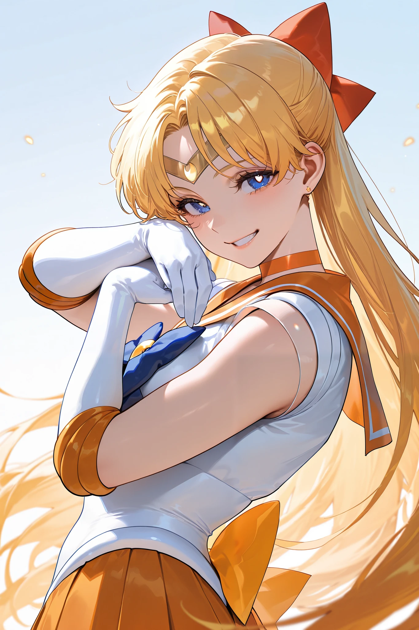 score_9,score_8_up,score_7_up,score_6_up, ((masterpiece)), ((best quality)), (ultra-detailed), ((extremely detailed)), 4K, (8K), best quality, (((orange Sailor Venus))), Trademark pose, Mature look, beautiful, grin, 