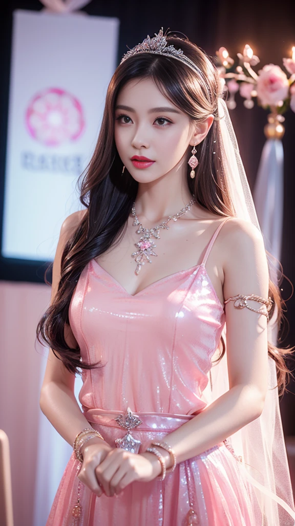 8K, ultra hd, masterpiece, 1 girl, (good face:1.4), detailed eyes, long hair, impressive hairstyle, earings, necklace, small breasts, (pink dress:1.5), see-through, (fantasy dress:1.5) Light-colored foundation brings out the transparency of the skin, (in the wonderland:1.5), mystery, diwali lights, glowing lights, very decoration, The lights falls like water, perfect front body,