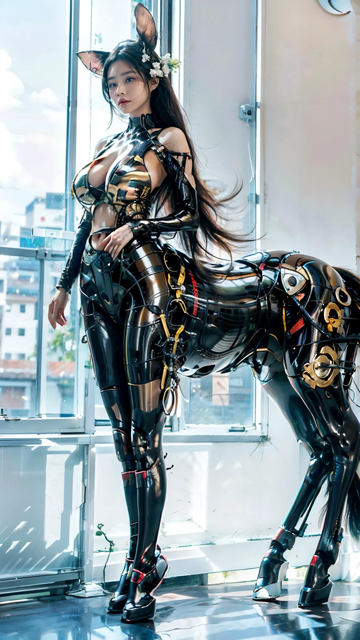 Conjoined naked cyborg punk centaur woman with three heads, four legs and huge fake tatooed tits