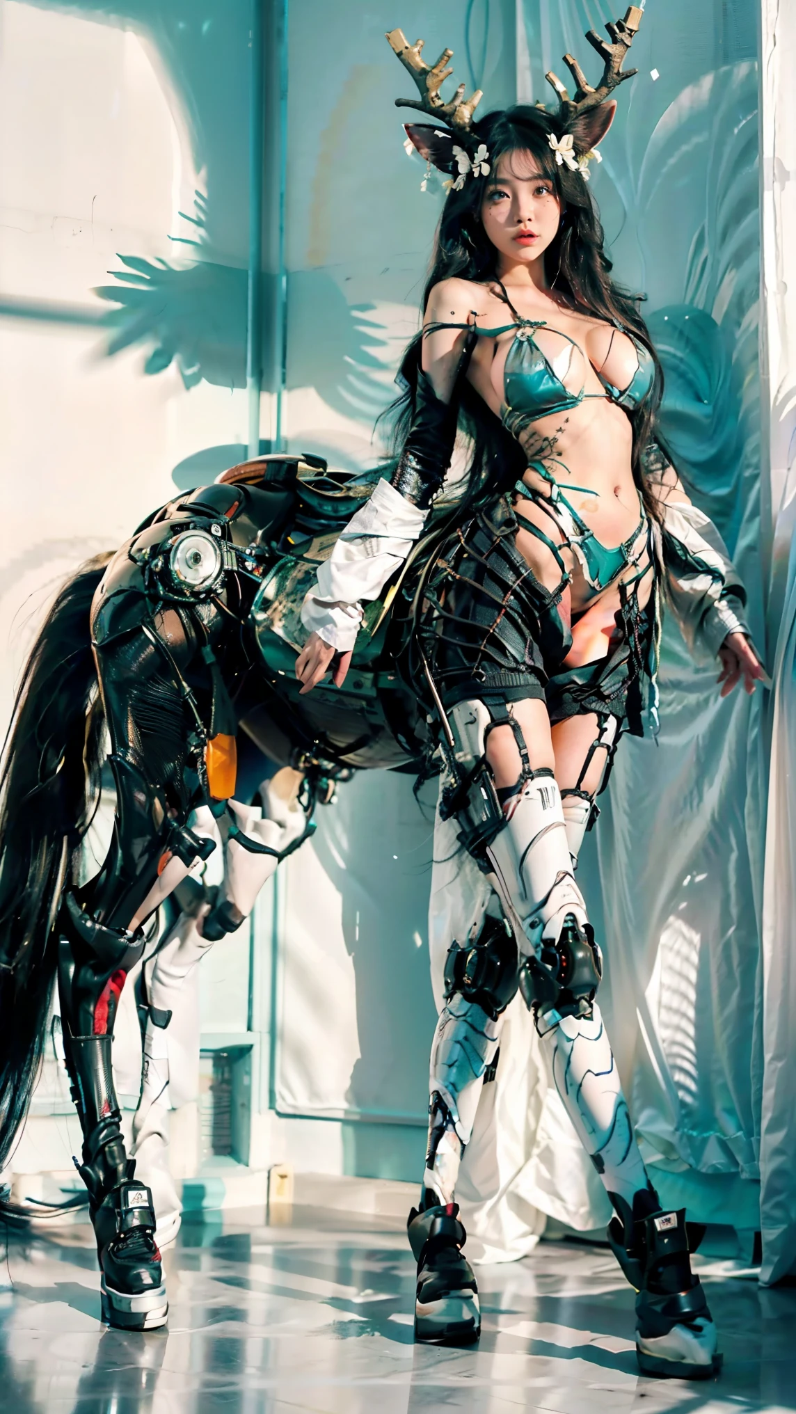 A female centaur,She is famous in the multiverse,She is both a female centaur, half human, half horse, half horse,It is also a heroic move,Her image fuses the head, neck and shoulders parts into a beautiful female human upper body, a female centaur, half human, half horse, half human,and female centaurs for female bodyization,This chimerization is based on powerful futuristic technology。The ultra-wide-angle lens captures the beautiful and ethereal image of her light wings on the ionosphere and making jumps。Her front half is a tall, sexy body with obvious feminine characteristics,Has K cup teardrop-shaped giant tit chest,The half-horse of the hind body is embedded in the front half of the body, the back and hip position,The half-horse torso form of the back half of the body is completely female and humanized,A sexy bent dog-style shaped ribcage is embedded from the upper end of the sternum transversely,Then there are the waist and abdomen hips of sexy beauties,The half-horse part of the fully feminized back half of the body,Mechanize the anti-joints and feet in the shape of the hind leg horse's knee and personify these parts,Make the legs graceful and slender,She has four slender legs like a supermodel,Under the legs are the feet of humans wearing skyscraper heels,Use Midjourney's advanced stroke tools and color palettes, as well as texture packs, model packs, and texture tools,Concentration,All of her with equine physiology organs are feminized,And give the part an ergonomic appearance,Treat the details of the back body, chest, abdominal cavity and hips and legs,Tighten the thoracic and abdominal contours of the back half of the body,Add anthropomorphic mechanical elements to non-ergonomic parts,Give her a sexy human look of harmony and unity,Enhance the sense of future technology。Plated her mechanical wings with a glow unique to space,The halo crown on her head casts a neon light casting a rainbow,Let her be majestic,Use Midjourney's advanced stroke and texture too