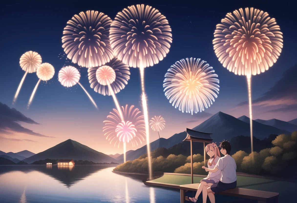 fireworks are lit up in the sky above a mountain and a lake, Paintings by Kano Tan&#39;yū,  Shutterstock , Ukiyo-e, [ fireworks in the sky ]!!, Japan at Night, fireworks in the background, firework,  m . Fuji, fireworks in background, mount Fuji background,  A Deeper Travel Exploration of Japan,  happy !!!, fireworks