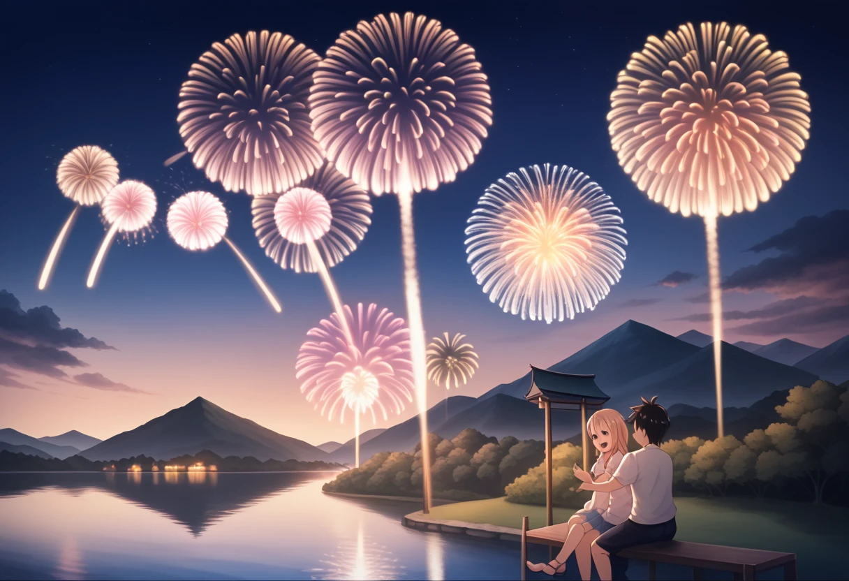 fireworks are lit up in the sky above a mountain and a lake, Paintings by Kano Tan&#39;yū,  Shutterstock , Ukiyo-e, [ fireworks in the sky ]!!, Japan at Night, fireworks in the background, firework,  m . Fuji, fireworks in background, mount Fuji background,  A Deeper Travel Exploration of Japan,  happy !!!, fireworks