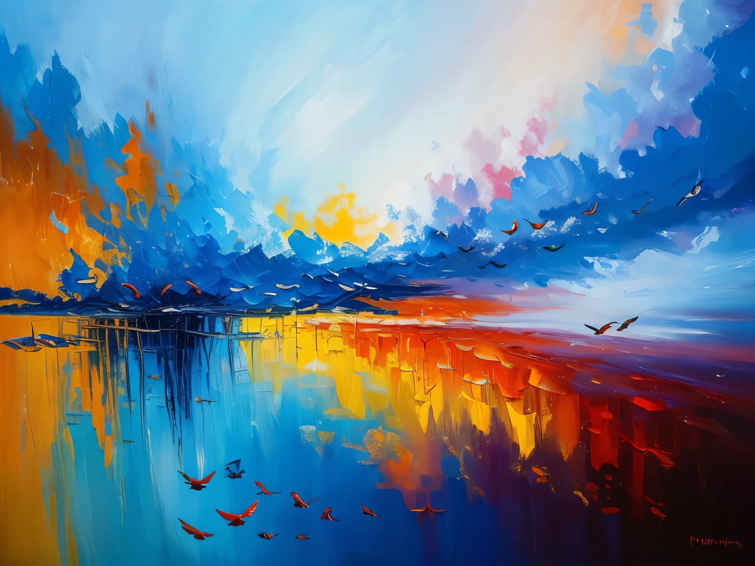 Abstract colorful Birds and Deep Cloud effects oil painting art in 4k resolution