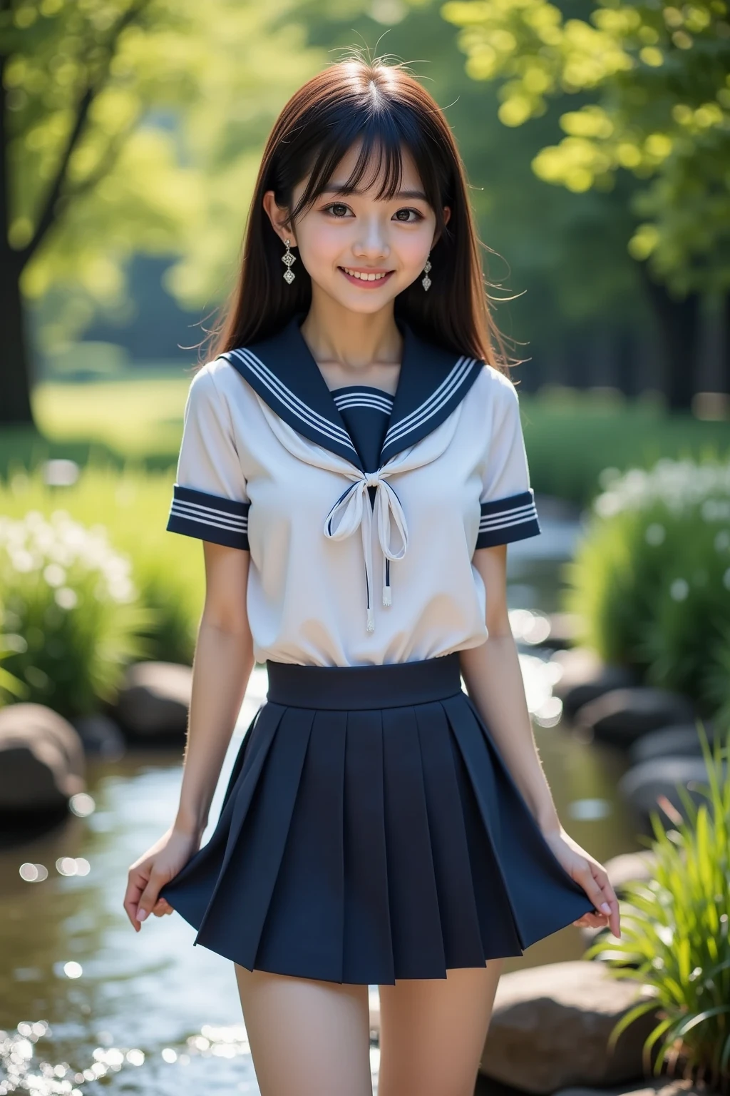 (masterpiece:1.2, top quality ,real photo),16years old , japanese ,girl,break,,,(not nsfw ,,school uniform,lift skirt:1.5),break,((),break,(on the bank of spring,forest,,no nipples:1.3),break,(smile:1.),break,(  pose,petie,, fancy earrings, necklace ,, small chest ,  ,  ,  .:1.1),(short height, Very Slim Body,pale skin,soft skin :1.2),break, black hair,long hair,(Beautiful and cute eyes),Blushed,  healthy skin, ,break,( Watch Viewers .throw:1.3),(sea:1 ),8k resolution,,break,(perfectly focused :1.3),,(, colorful ,:1),,( depth of field ),,Bokeh,A small bikini with a ,Luminous and  colorful  lighting setup for model photography,lens flare,, cinematic lighting,   ray tracing 、