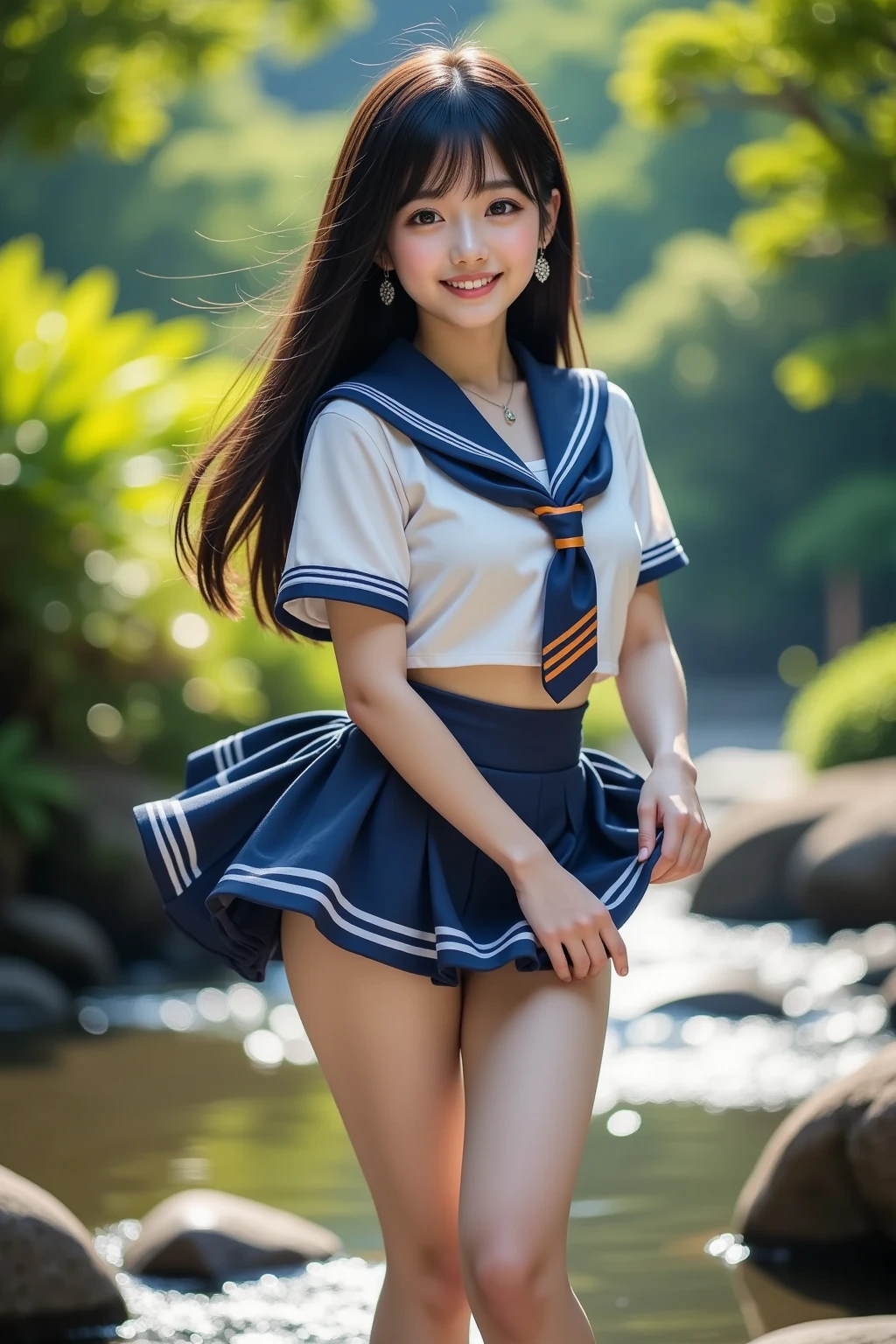 (masterpiece:1.2, top quality ,real photo),ars old , japanese ,girl,break,,,(not nsfw ,,school uniform,lift skirt:1.5),break,((),break,(on the bank of spring,forest,,no nipples:1.3),break,(smile:1.),break,(  pose,petie,, fancy earrings, necklace ,, small chest ,  ,  ,  .:1.1),(short height, Very Slim Body,pale skin,soft skin :1.2),break, black hair,long hair,(Beautiful and cute eyes),Blushed,  healthy skin, ,break,( Watch Viewers .throw:1.3),(sea:1 ),8k resolution,,break,(perfectly focused :1.3),,(, colorful ,:1),,( depth of field ),,Bokeh,A small bikini with a ,Luminous and  colorful  lighting setup for model photography,lens flare,, cinematic lighting,   ray tracing 、