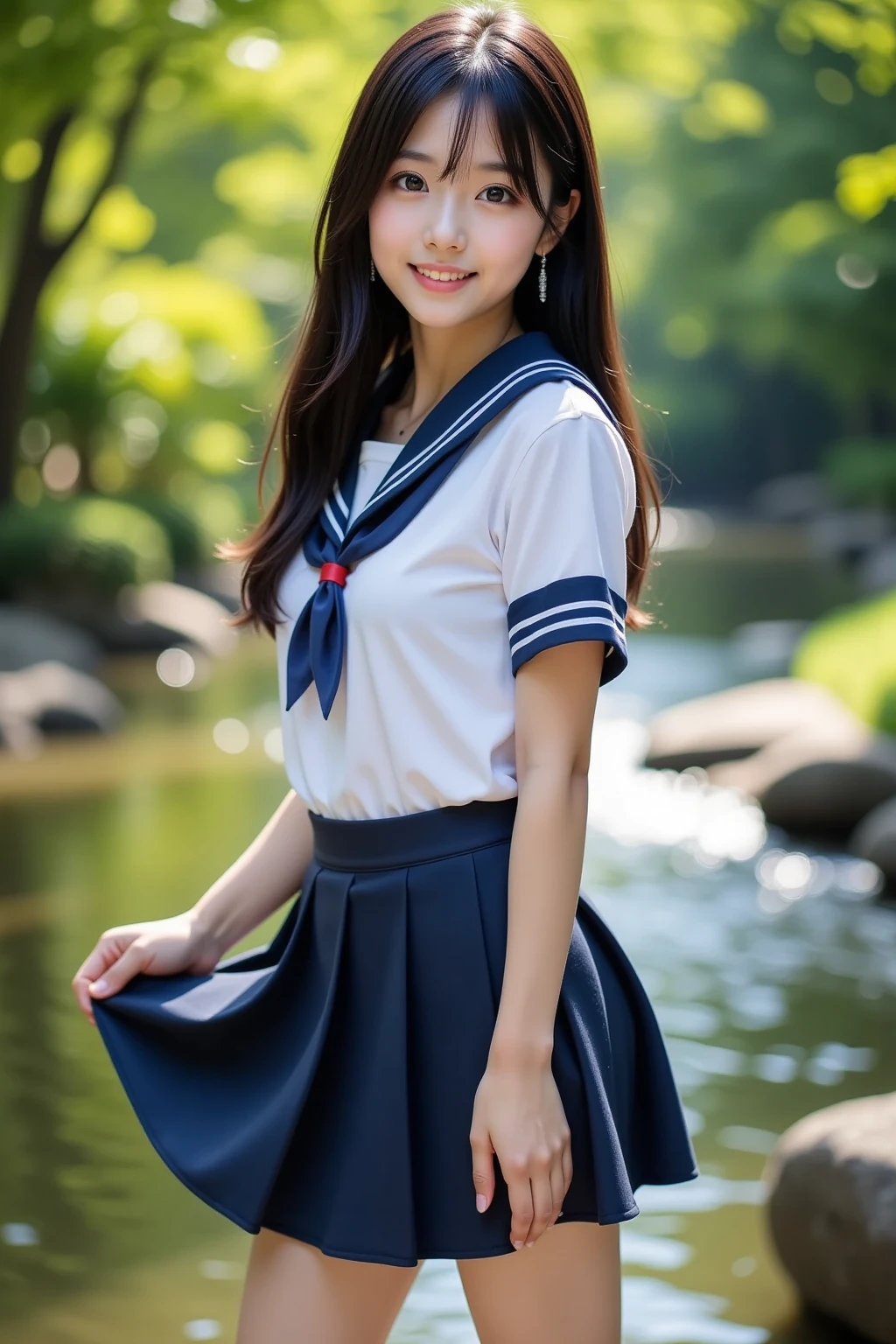 (masterpiece:1.2, top quality ,real photo),16years old , japanese ,girl,break,,,(not nsfw ,,school uniform,lift skirt:1.5),break,((),break,(on the bank of spring,forest,,no nipples:1.3),break,(smile:1.),break,(  pose,petie,, fancy earrings, necklace ,, small chest ,  ,  ,  .:1.1),(short height, Very Slim Body,pale skin,soft skin :1.2),break, black hair,long hair,(Beautiful and cute eyes),Blushed,  healthy skin, ,break,( Watch Viewers .throw:1.3),(sea:1 ),8k resolution,,break,(perfectly focused :1.3),,(, colorful ,:1),,( depth of field ),,Bokeh,A small bikini with a ,Luminous and  colorful  lighting setup for model photography,lens flare,, cinematic lighting,   ray tracing 、