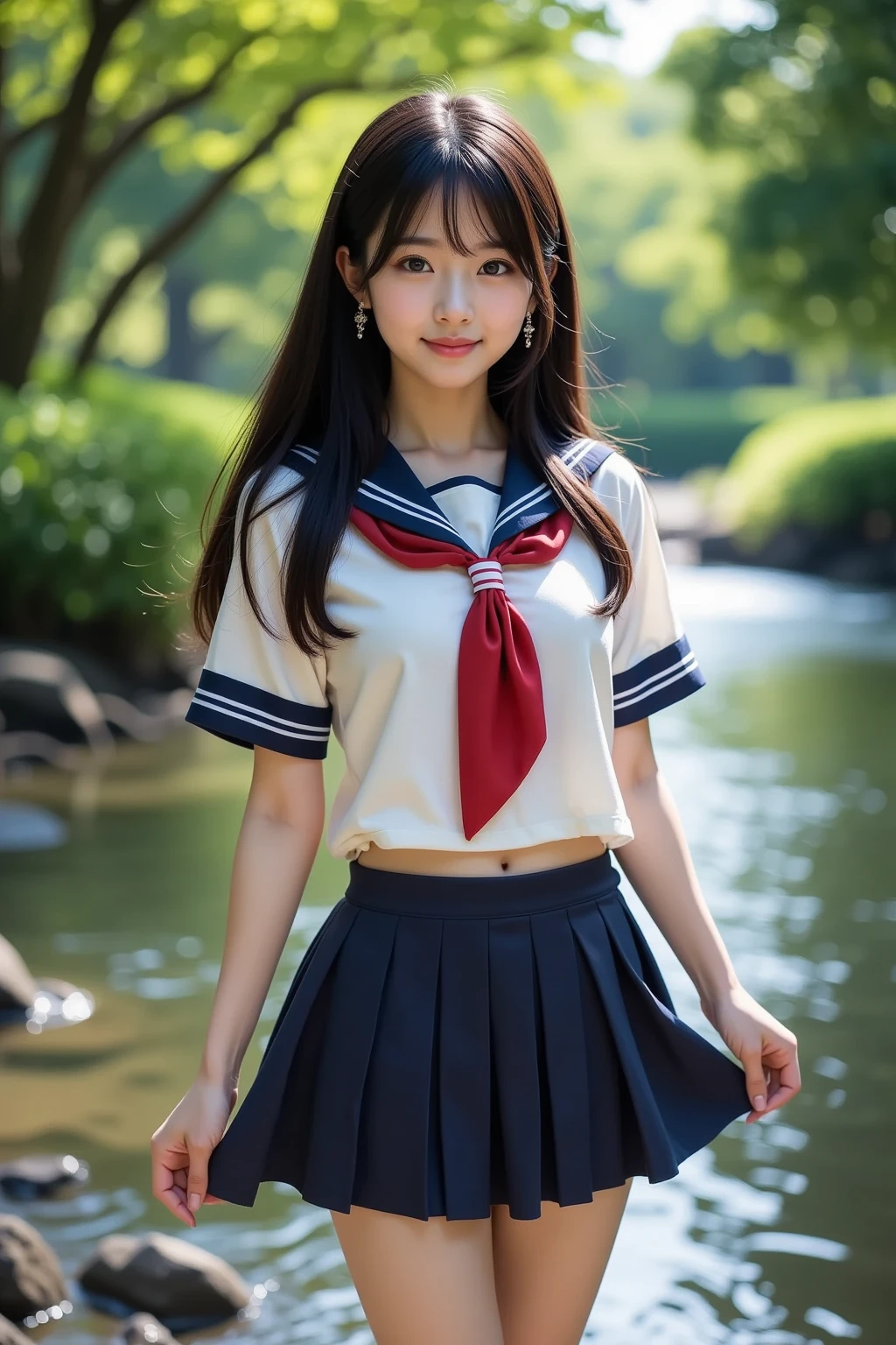 (masterpiece:1.2, top quality ,real photo),16years old , japanese ,girl,break,,,(not nsfw ,,school uniform,lift skirt:1.5),break,((),break,(on the bank of spring,forest,,no nipples:1.3),break,(smile:1.),break,(  pose,petie,, fancy earrings, necklace ,, small chest ,  ,  ,  .:1.1),(short height, Very Slim Body,pale skin,soft skin :1.2),break, black hair,long hair,(Beautiful and cute eyes),Blushed,  healthy skin, ,break,( Watch Viewers .throw:1.3),(sea:1 ),8k resolution,,break,(perfectly focused :1.3),,(, colorful ,:1),,( depth of field ),,Bokeh,A small bikini with a ,Luminous and  colorful  lighting setup for model photography,lens flare,, cinematic lighting,   ray tracing 、