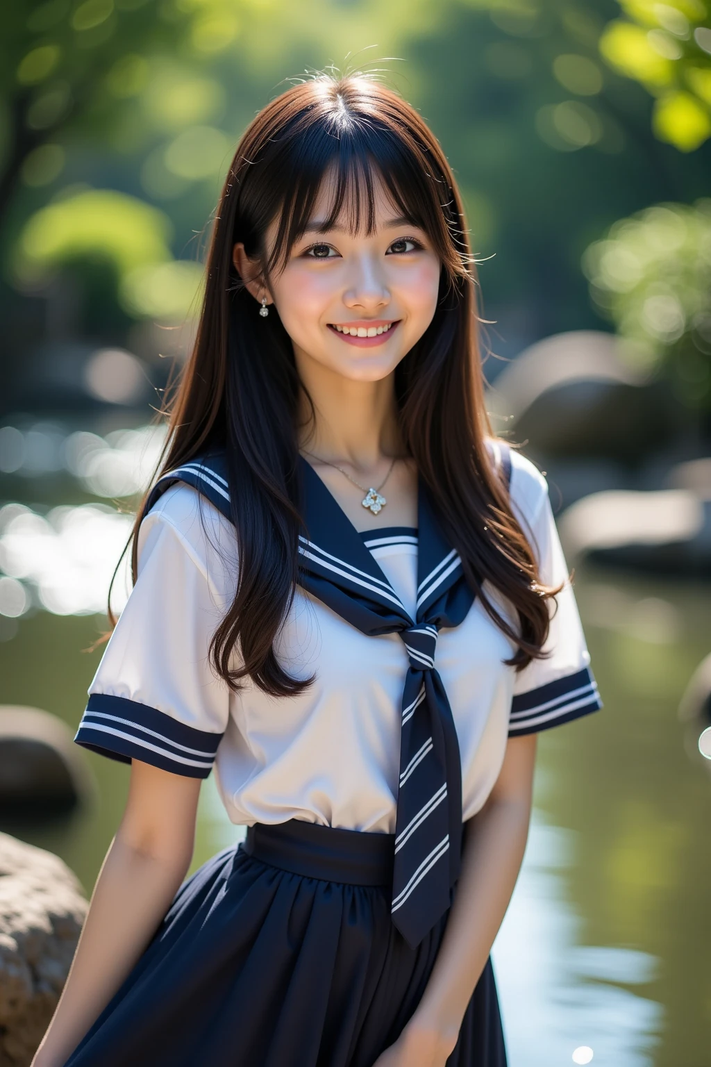 (masterpiece:1.2, top quality ,real photo),16years old , japanese ,girl,break,,,(not nsfw ,,school uniform,lift skirt:1.5),break,((),break,(on the bank of spring,forest,,no nipples:1.3),break,(smile:1.),break,(  pose,petie,, fancy earrings, necklace ,, small chest ,  ,  ,  .:1.1),(short height, Very Slim Body,pale skin,soft skin :1.2),break, black hair,long hair,(Beautiful and cute eyes),Blushed,  healthy skin, ,break,( Watch Viewers .throw:1.3),(sea:1 ),8k resolution,,break,(perfectly focused :1.3),,(, colorful ,:1),,( depth of field ),,Bokeh,A small bikini with a ,Luminous and  colorful  lighting setup for model photography,lens flare,, cinematic lighting,   ray tracing 、