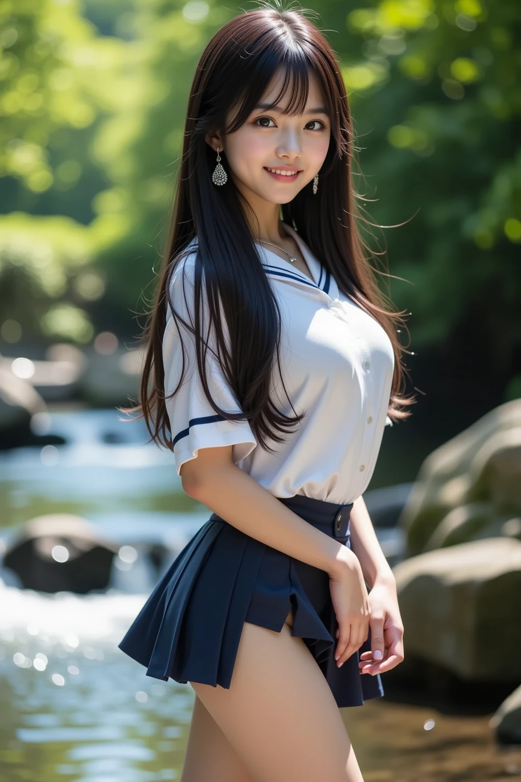 (masterpiece:1.2, top quality ,real photo),16years old , japanese ,girl,break,,,(not nsfw ,,school uniform,lift skirt:1.5),break,((),break,(on the bank of spring,forest,,no nipples:1.3),break,(smile:1.),break,(  pose,petie,, fancy earrings, necklace ,, small chest ,  ,  ,  .:1.1),(short height, Very Slim Body,pale skin,soft skin :1.2),break, black hair,long hair,(Beautiful and cute eyes),Blushed,  healthy skin, ,break,( Watch Viewers .throw:1.3),(sea:1 ),8k resolution,,break,(perfectly focused :1.3),,(, colorful ,:1),,( depth of field ),,Bokeh,A small bikini with a ,Luminous and  colorful  lighting setup for model photography,lens flare,, cinematic lighting,   ray tracing 、