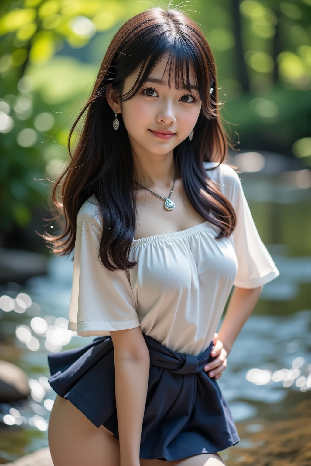 (masterpiece:1.2, top quality ,real photo),16years old , japanese ,girl,break,,,(not nsfw ,,school uniform,lift skirt:1.5),break,((),break,(on the bank of spring,forest,,no nipples:1.3),break,(smile:1.),break,(  pose,petie,, fancy earrings, necklace ,, small chest ,  ,  ,  .:1.1),(short height, Very Slim Body,pale skin,soft skin :1.2),break, black hair,long hair,(Beautiful and cute eyes),Blushed,  healthy skin, ,break,( Watch Viewers .throw:1.3),(sea:1 ),8k resolution,,break,(perfectly focused :1.3),,(, colorful ,:1),,( depth of field ),,Bokeh,A small bikini with a ,Luminous and  colorful  lighting setup for model photography,lens flare,, cinematic lighting,   ray tracing 、