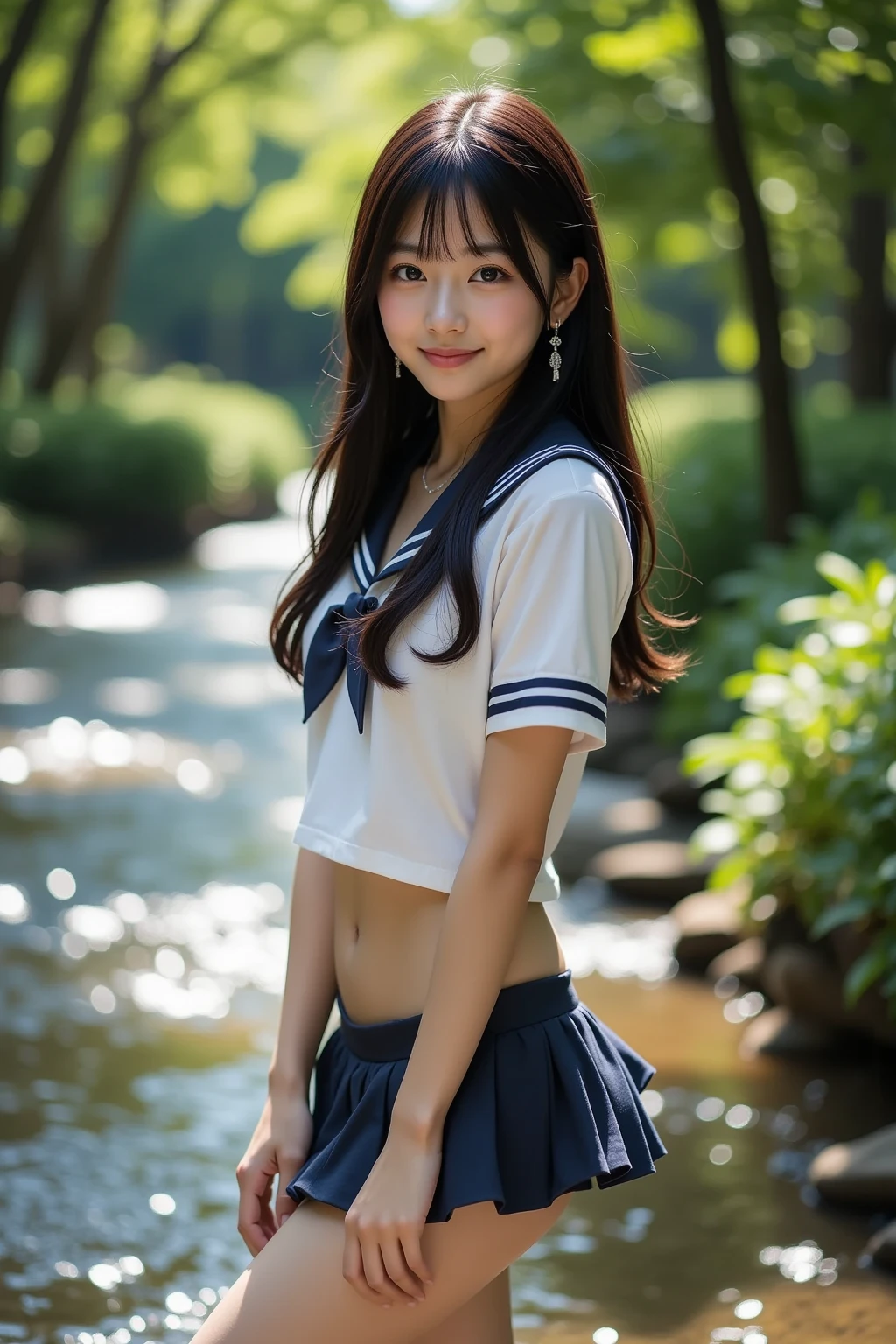 (masterpiece:1.2, top quality ,real photo),ars old , japanese ,girl,break,,,(not nsfw ,,school uniform,lift skirt:1.5),break,((),break,(on the bank of spring,forest,,no nipples:1.3),break,(smile:1.),break,(  pose,petie,, fancy earrings, necklace ,, small chest ,  ,  ,  .:1.1),(short height, Very Slim Body,pale skin,soft skin :1.2),break, black hair,long hair,(Beautiful and cute eyes),Blushed,  healthy skin, ,break,( Watch Viewers .throw:1.3),(sea:1 ),8k resolution,,break,(perfectly focused :1.3),,(, colorful ,:1),,( depth of field ),,Bokeh,A small bikini with a ,Luminous and  colorful  lighting setup for model photography,lens flare,, cinematic lighting,   ray tracing 、