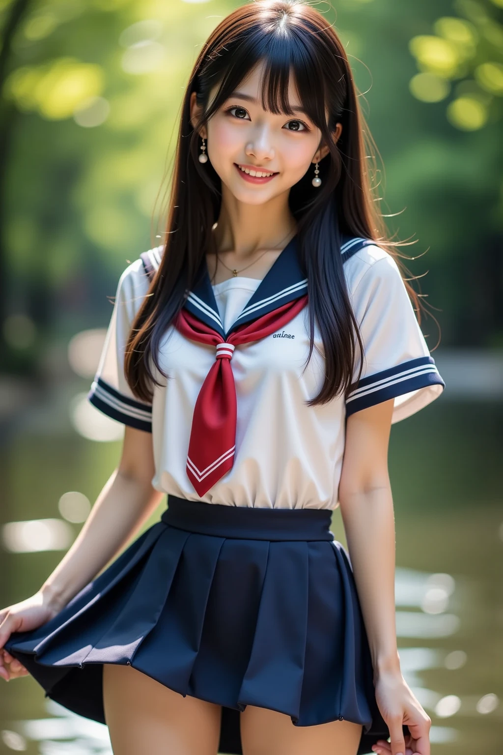 (masterpiece:1.2, top quality ,real photo),ars old , japanese ,girl,break,,,(not nsfw ,,school uniform,lift skirt:1.5),break,((),break,(on the bank of spring,forest,,no nipples:1.3),break,(smile:1.),break,(  pose,petie,, fancy earrings, necklace ,, small chest ,  ,  ,  .:1.1),(short height, Very Slim Body,pale skin,soft skin :1.2),break, black hair,long hair,(Beautiful and cute eyes),Blushed,  healthy skin, ,break,( Watch Viewers .throw:1.3),(sea:1 ),8k resolution,,break,(perfectly focused :1.3),,(, colorful ,:1),,( depth of field ),,Bokeh,A small bikini with a ,Luminous and  colorful  lighting setup for model photography,lens flare,, cinematic lighting,   ray tracing 、