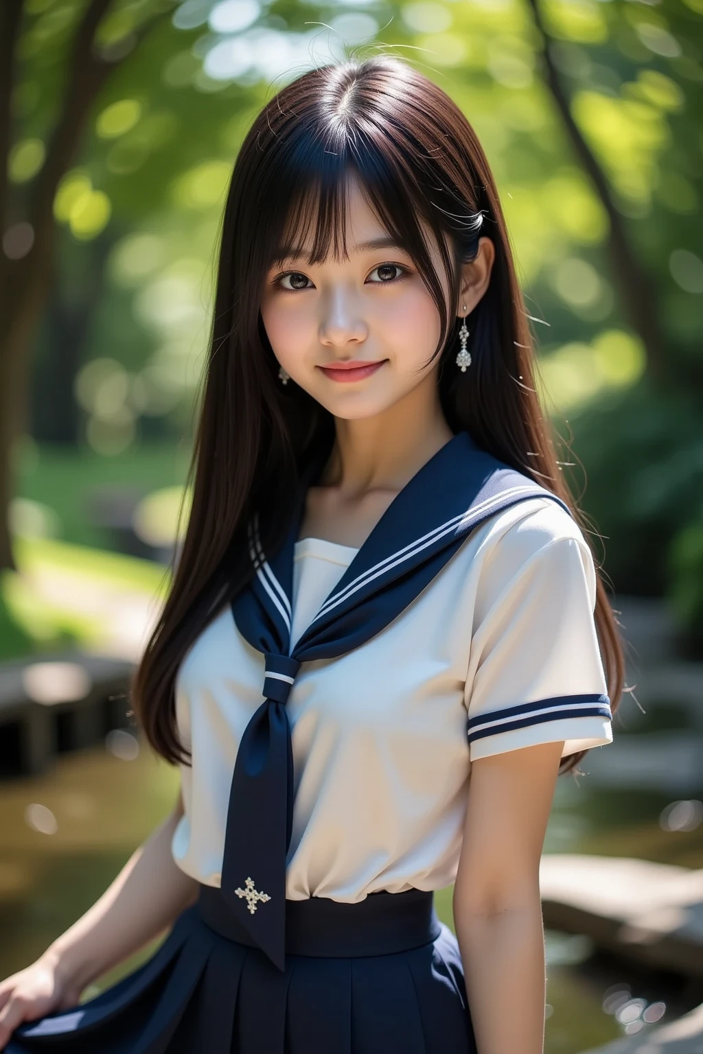 (masterpiece:1.2, top quality ,real photo),16years old , japanese ,girl,break,,,(not nsfw ,,school uniform,lift skirt:1.5),break,((),break,(on the bank of spring,forest,,no nipples:1.3),break,(smile:1.),break,(  pose,petie,, fancy earrings, necklace ,, small chest ,  ,  ,  .:1.1),(short height, Very Slim Body,pale skin,soft skin :1.2),break, black hair,long hair,(Beautiful and cute eyes),Blushed,  healthy skin, ,break,( Watch Viewers .throw:1.3),(sea:1 ),8k resolution,,break,(perfectly focused :1.3),,(, colorful ,:1),,( depth of field ),,Bokeh,A small bikini with a ,Luminous and  colorful  lighting setup for model photography,lens flare,, cinematic lighting,   ray tracing 、