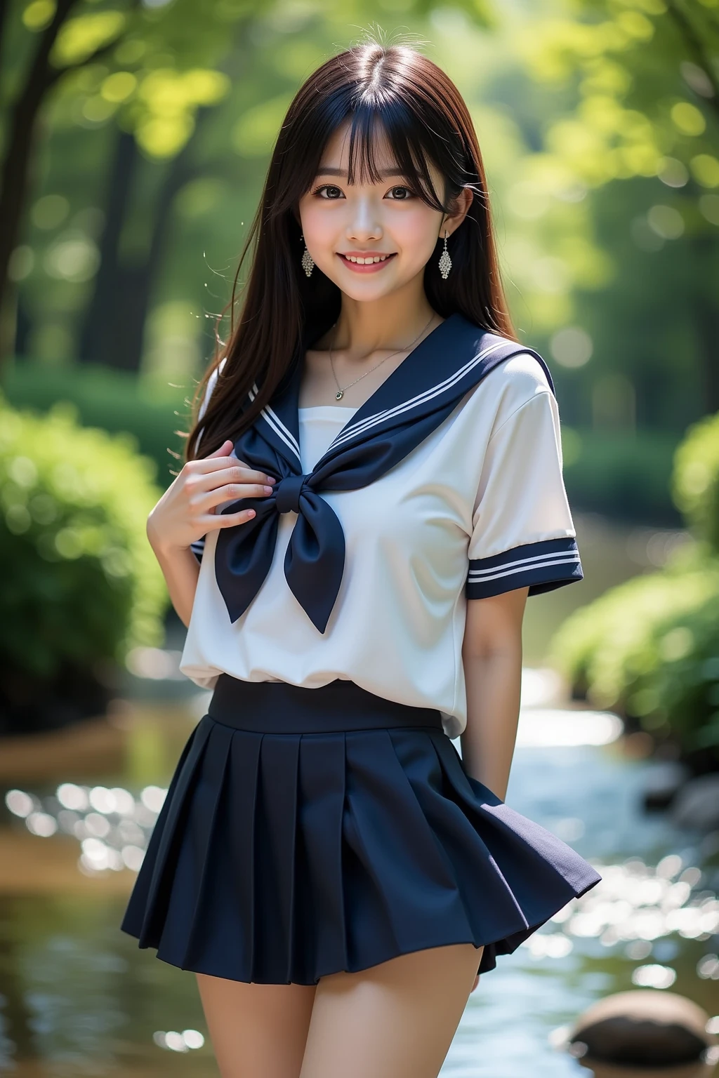 (masterpiece:1.2, top quality ,real photo),16years old , japanese ,girl,break,,,(not nsfw ,,school uniform,lift skirt:1.5),break,((),break,(on the bank of spring,forest,,no nipples:1.3),break,(smile:1.),break,(  pose,petie,, fancy earrings, necklace ,, small chest ,  ,  ,  .:1.1),(short height, Very Slim Body,pale skin,soft skin :1.2),break, black hair,long hair,(Beautiful and cute eyes),Blushed,  healthy skin, ,break,( Watch Viewers .throw:1.3),(sea:1 ),8k resolution,,break,(perfectly focused :1.3),,(, colorful ,:1),,( depth of field ),,Bokeh,A small bikini with a ,Luminous and  colorful  lighting setup for model photography,lens flare,, cinematic lighting,   ray tracing 、