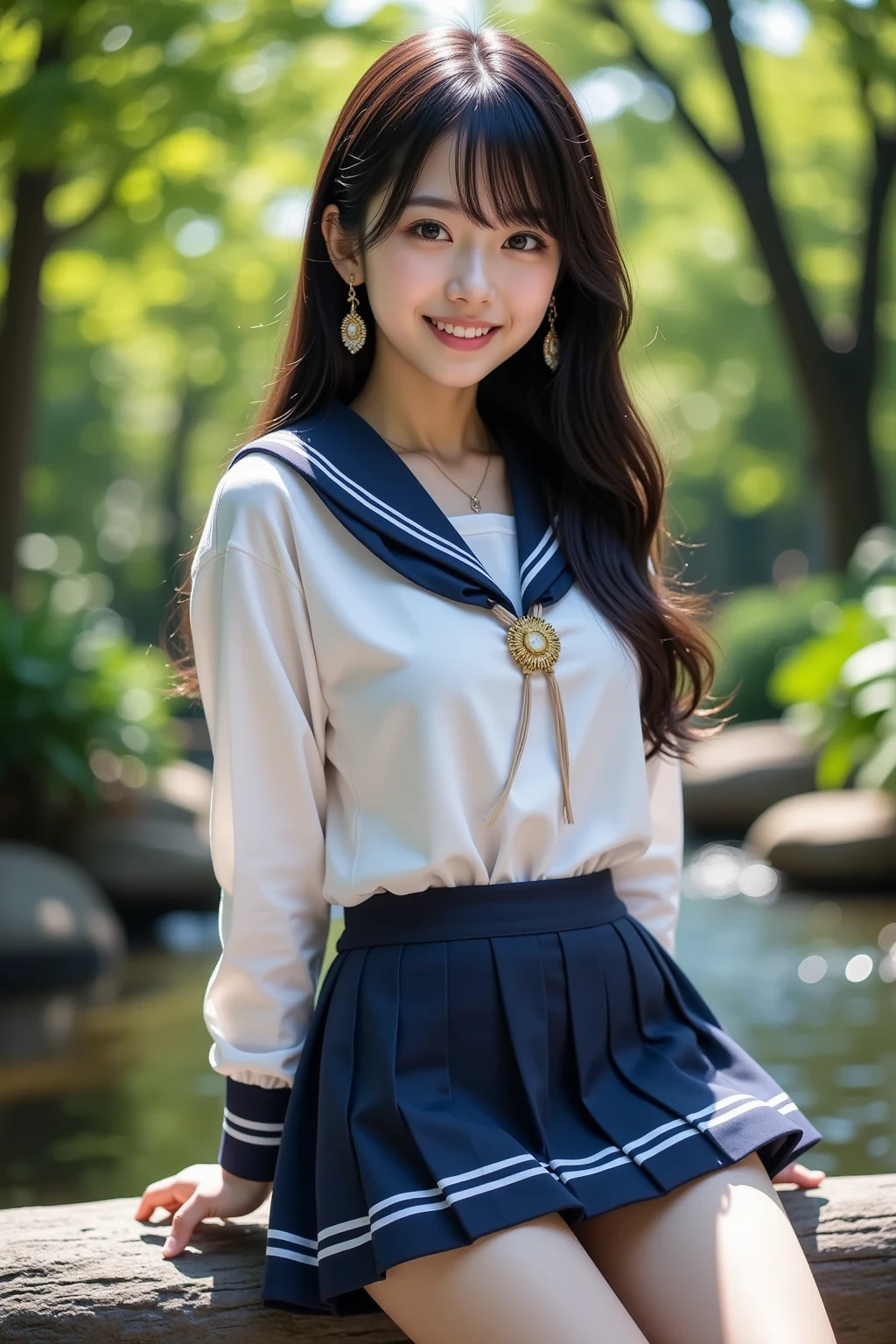 (masterpiece:1.2, top quality ,real photo),16years old , japanese ,girl,break,,,(not nsfw ,,school uniform,lift skirt:1.5),break,((),break,(on the bank of spring,forest,,no nipples:1.3),break,(smile:1.),break,(  pose,petie,, fancy earrings, necklace ,, small chest ,  ,  ,  .:1.1),(short height, Very Slim Body,pale skin,soft skin :1.2),break, black hair,long hair,(Beautiful and cute eyes),Blushed,  healthy skin, ,break,( Watch Viewers .throw:1.3),(sea:1 ),8k resolution,,break,(perfectly focused :1.3),,(, colorful ,:1),,( depth of field ),,Bokeh,A small bikini with a ,Luminous and  colorful  lighting setup for model photography,lens flare,, cinematic lighting,   ray tracing 、