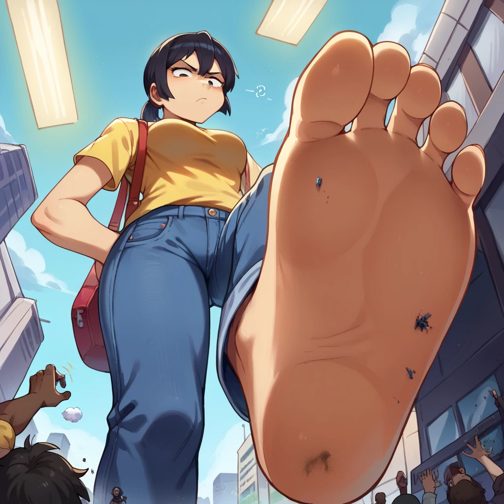 score_9, score_8_up, score_7_up, source_anime, BREAK pov: under giantess,Dark skin tone, black hair,jeans,Yellow lion shirt ,Ponytail hair,from below,Text: GigaTeam,destroyed,car, stomp,bored face,soles,Destroying,room,building,tiny people,panic,crowd