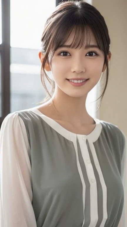 Masterpiece, highest quality, photo quality, 4K high resolution, beautiful Japanese office lady, sexy office lady, cute smile, full body photo of office lady, perfect lighting, lighting that shows off mature woman, woman in blouse, wearing buttoned blouse, (((buttons on blouse are undone))), (((bra visible on blouse))), ((bra)), ((sexy chest)), (((wearing cardigan over blouse, all buttons on cardigan are undone))), chest that excites men sexually, wearing cotton tight skirt, ((thighs visible under tight skirt)), woman has beautiful legs, thighs that excite men sexually, beautiful thighs, woman leaning against wall, photo from knees up, smiling, round face, updo, bangs, droopy eyes, kind eyes,
