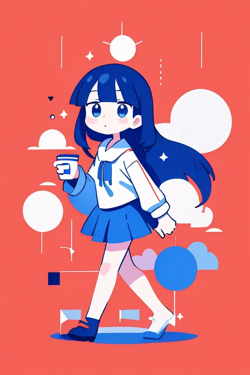   Picture of a Girl Walking with a Coffee Tumbler ,Space dandy style ,  animeアールヌーボーコズミックディスプレイ ,  wearing stars and planets , animes, スペース・ダンディanimeのダンディ, 2Danimeスタイル, anime, animeカバー,  illustration!, Miura Kentaro style!!!!, Comic Book Page ,  Official Fanart,  Official Art, whole page  illustration