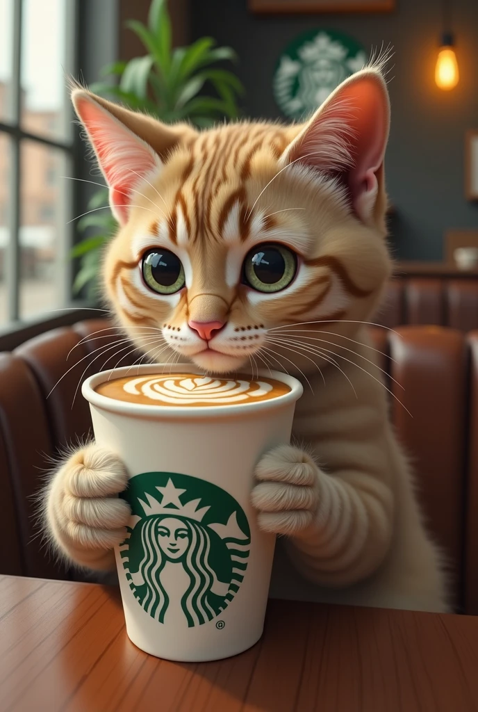 Cat drinking Starbucks coffee