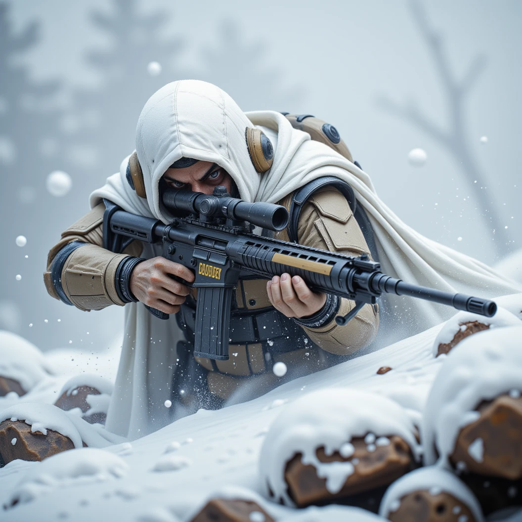 A large, muscular hedgehog sniper donned in modern snow camo armor with a white cloak. Lays prone, looking through the scope of his long sniper rifle, scanning a snowy landscape for enemies. The name "CLT Hedgehog" etched boldly on his armor. Blizzard conditions, Dynamic posing, Image Fill, Floating particles, High Resolution, Masterpiece, Hyperdetailed, Depth Of Field, Award Winning, Character Design, Digital Art, Illustration 