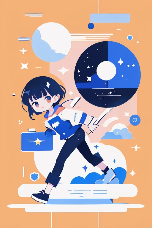   Picture of a Girl Walking with a Coffee Tumbler ,Space dandy style ,  animeアールヌーボーコズミックディスプレイ ,  wearing stars and planets , animes, スペース・ダンディanimeのダンディ, 2Danimeスタイル, anime, animeカバー,  illustration!, Miura Kentaro style!!!!, Comic Book Page ,  Official Fanart,  Official Art, whole page  illustration