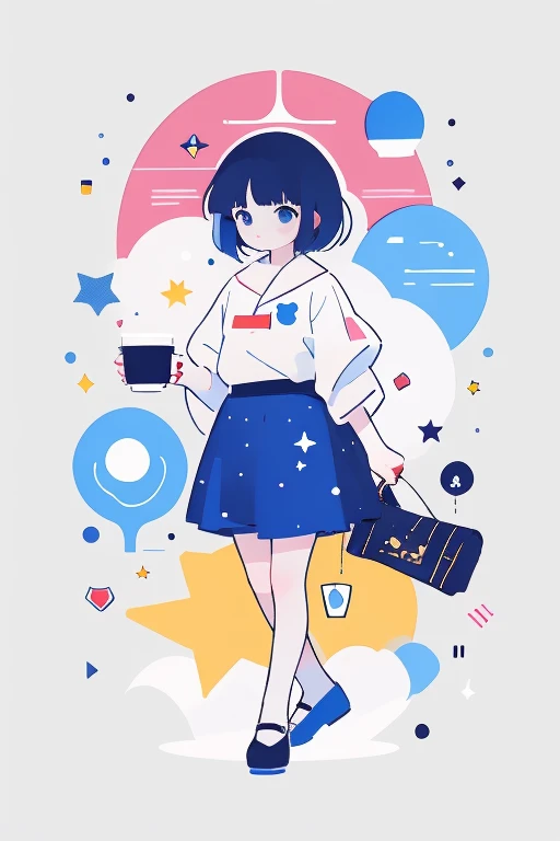   Picture of a Girl Walking with a Coffee Tumbler ,Space dandy style ,  animeアールヌーボーコズミックディスプレイ ,  wearing stars and planets , animes, スペース・ダンディanimeのダンディ, 2Danimeスタイル, anime, animeカバー,  illustration!, Miura Kentaro style!!!!, Comic Book Page ,  Official Fanart,  Official Art, whole page  illustration