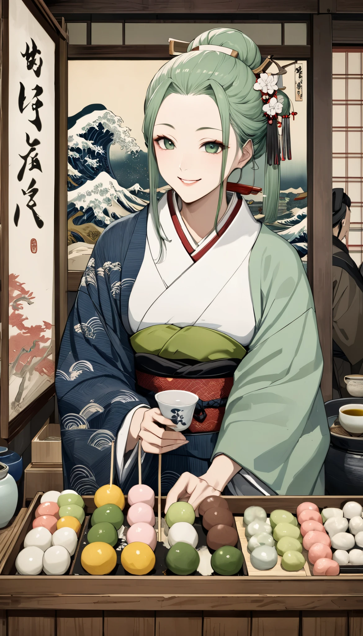  Ukiyo-e , Historical painting,  super realistic , stall, fair, Delicious dango ,  green tea brewed in yunomi, Japanese Sweets Shop , I smile at you,  very tasty food report