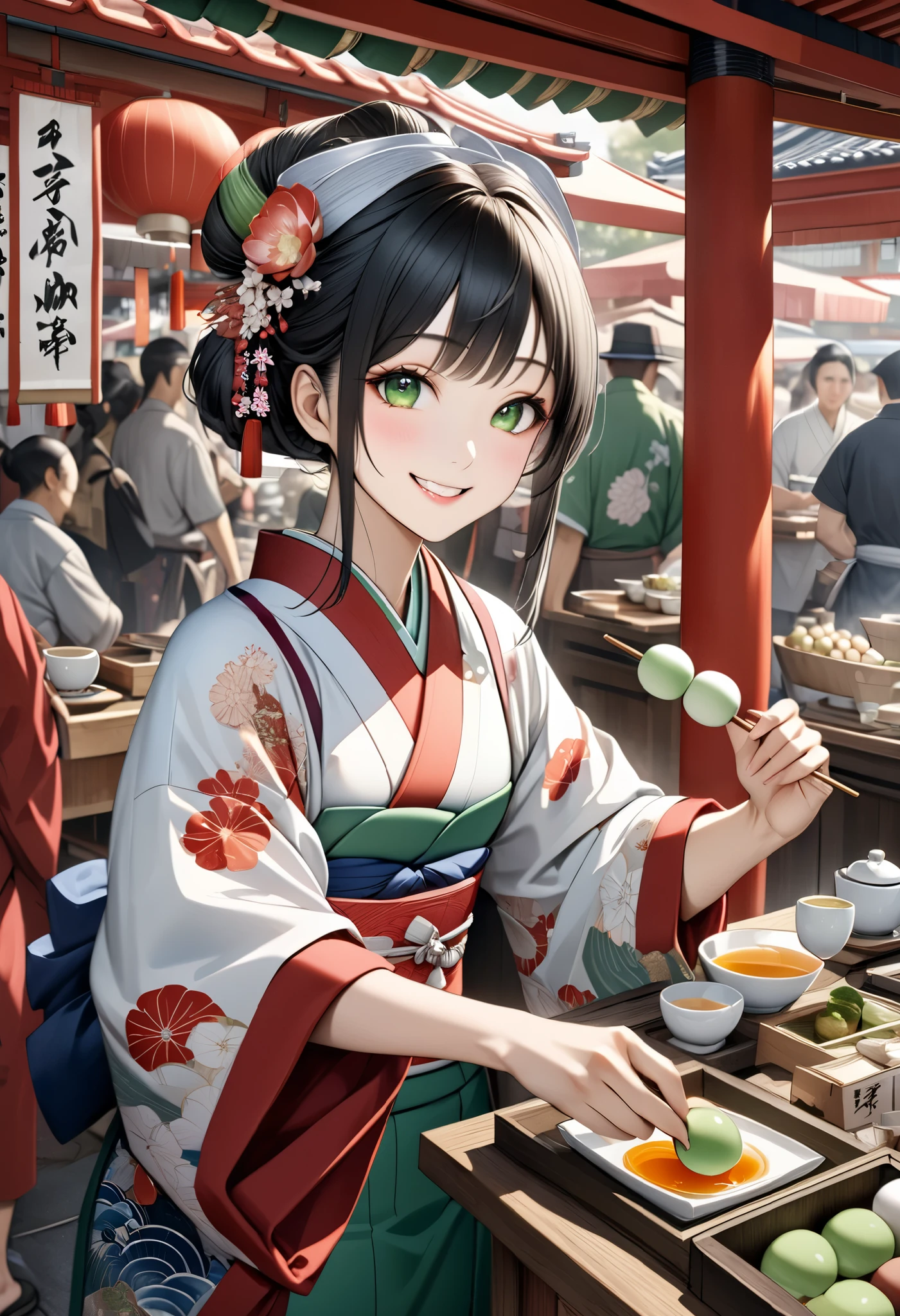 a detailed and realistic ukiyo-e style historical painting of a lively Japanese festival with a traditional food stall, featuring delicious-looking dango, freshly brewed green tea in a yunomi teacup, and a friendly shopkeeper smiling warmly at the viewer, vibrant colors, intricate details, photorealistic, 8k, hyper-realistic, masterpiece