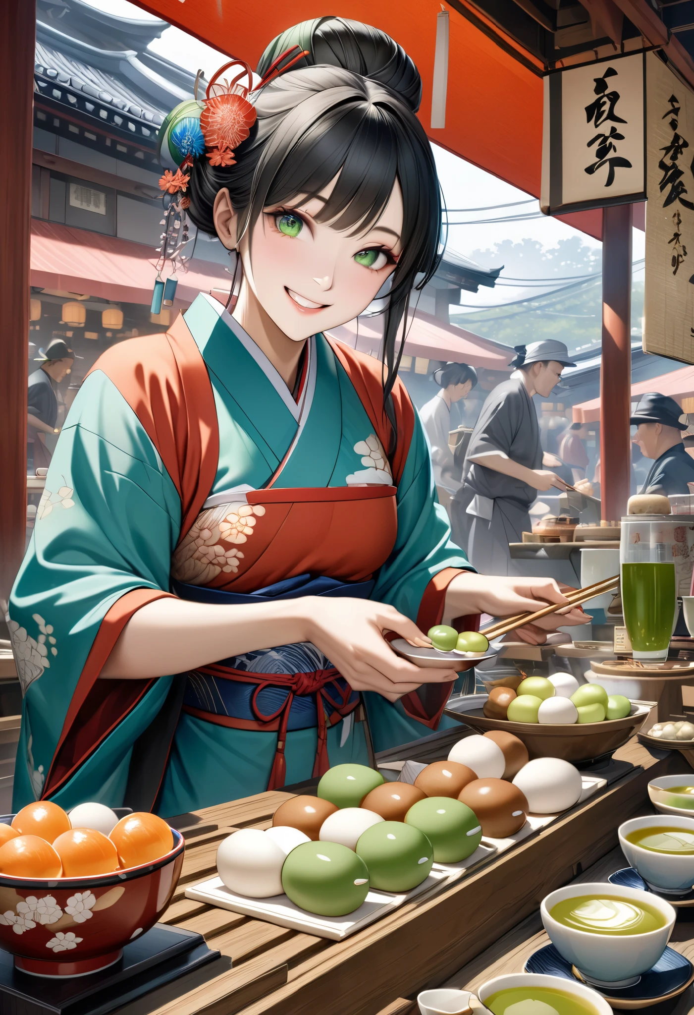 a detailed and realistic ukiyo-e style historical painting of a lively Japanese festival with a traditional food stall, featuring delicious-looking dango, freshly brewed green tea in a yunomi teacup, and a friendly shopkeeper smiling warmly at the viewer, vibrant colors, intricate details, photorealistic, 8k, hyper-realistic, masterpiece