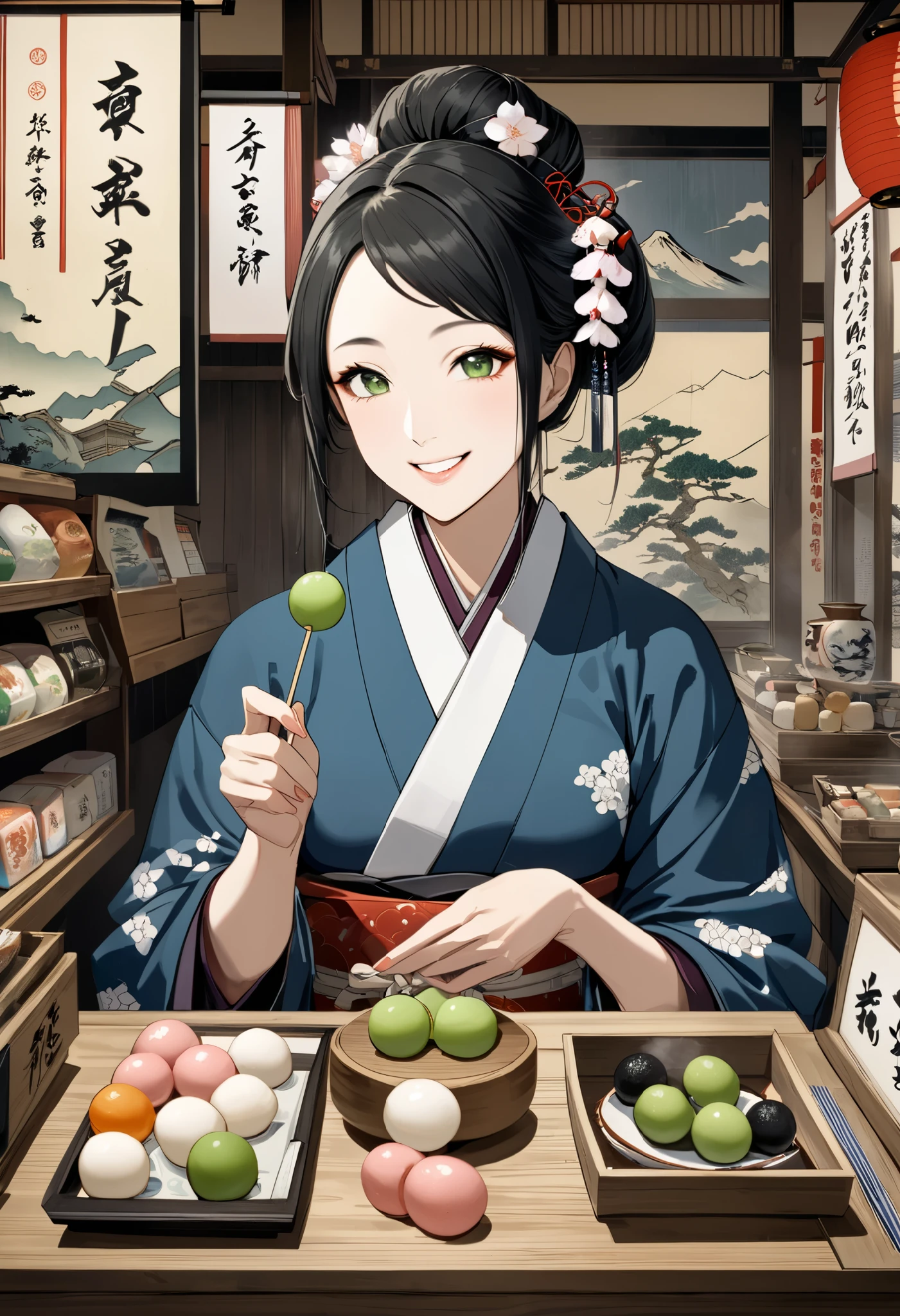  Ukiyo-e , Historical painting,  super realistic , stall, fair, Delicious dango ,  green tea brewed in yunomi, Japanese Sweets Shop , I smile at you,  Very Delicious Food Report