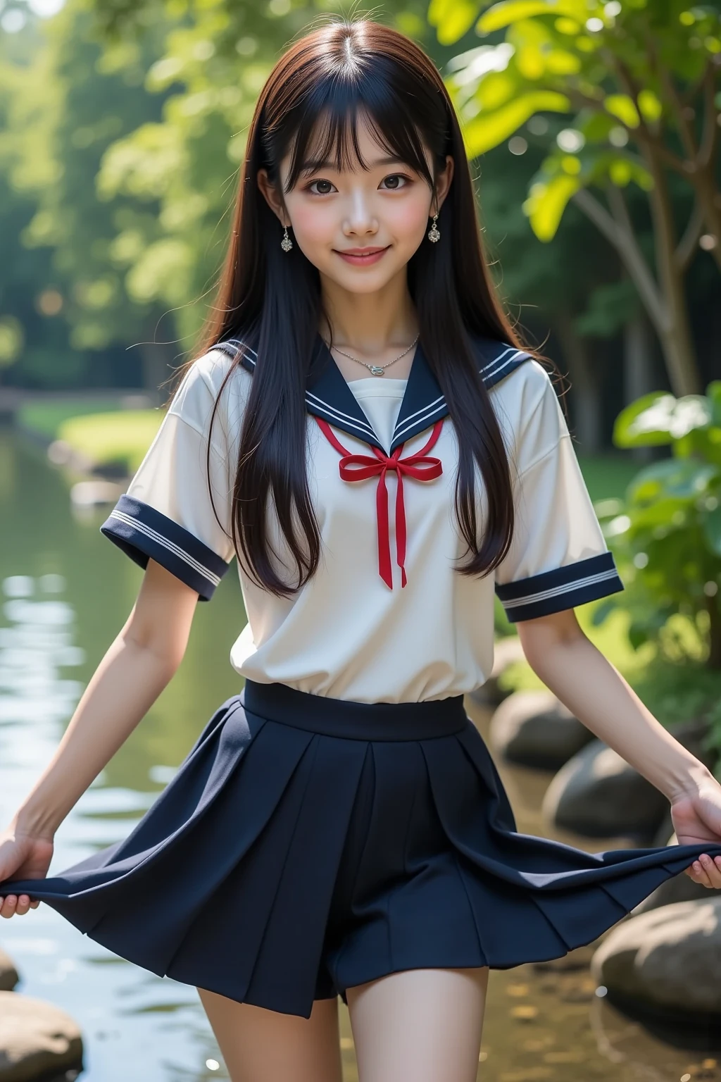 (masterpiece:1.2, top quality ,real photo),ars old , japanese ,girl,break,,,(not nsfw ,,school uniform,lift skirt:1.5),break,((),break,(on the bank of spring,forest,,no nipples:1.3),break,(smile:1.),break,(  pose,petie,, fancy earrings, necklace ,, small chest ,  ,  ,  .:1.1),(short height, Very Slim Body,pale skin,soft skin :1.2),break, black hair,long hair,(Beautiful and cute eyes),Blushed,  healthy skin, ,break,( Watch Viewers .throw:1.3),(sea:1 ),8k resolution,,break,(perfectly focused :1.3),,(, colorful ,:1),,( depth of field ),,Bokeh,A small bikini with a ,Luminous and  colorful  lighting setup for model photography,lens flare,, cinematic lighting,   ray tracing 、