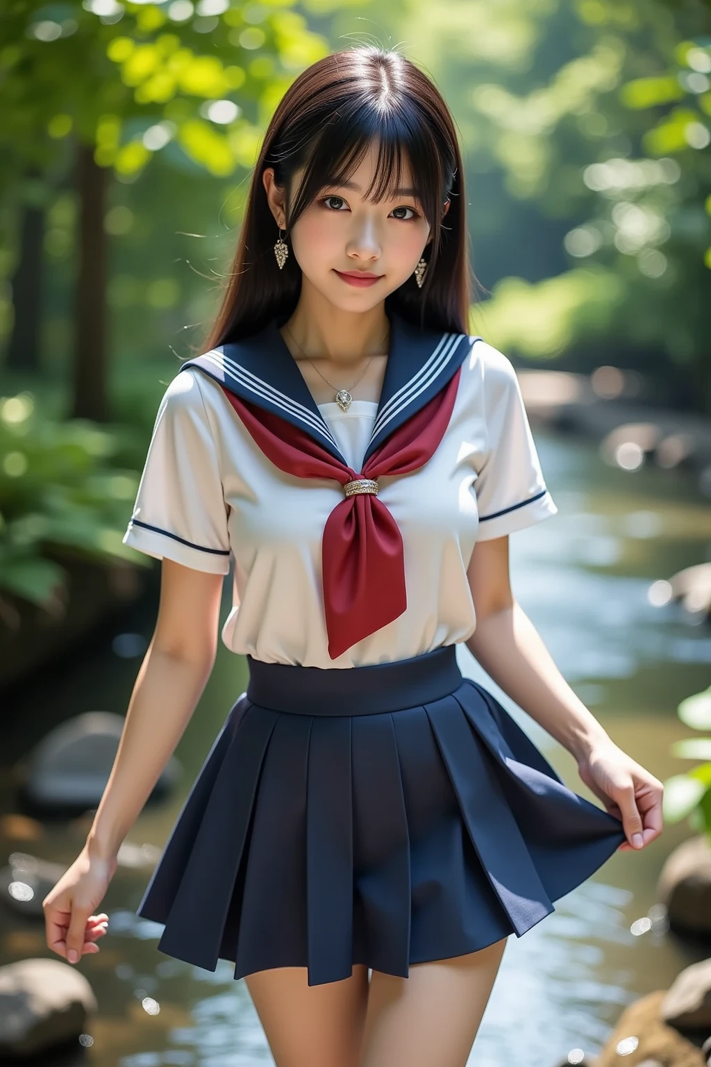 (masterpiece:1.2, top quality ,real photo),16years old , japanese ,girl,break,,,(not nsfw ,,school uniform,lift skirt:1.5),break,((),break,(on the bank of spring,forest,,no nipples:1.3),break,(smile:1.),break,(  pose,petie,, fancy earrings, necklace ,, small chest ,  ,  ,  .:1.1),(short height, Very Slim Body,pale skin,soft skin :1.2),break, black hair,long hair,(Beautiful and cute eyes),Blushed,  healthy skin, ,break,( Watch Viewers .throw:1.3),(sea:1 ),8k resolution,,break,(perfectly focused :1.3),,(, colorful ,:1),,( depth of field ),,Bokeh,A small bikini with a ,Luminous and  colorful  lighting setup for model photography,lens flare,, cinematic lighting,   ray tracing 、