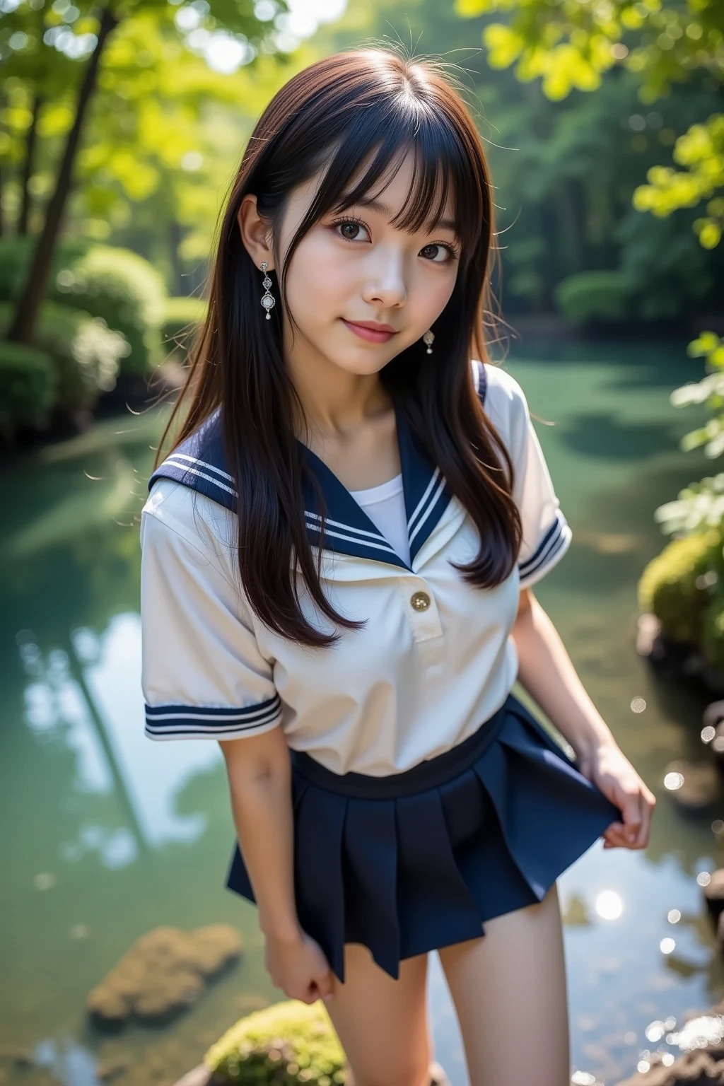 (masterpiece:1.2, top quality ,real photo),16years old , japanese ,girl,break,,,(not nsfw ,,school uniform,lift skirt:1.5),break,((),break,(on the bank of spring,forest,,no nipples:1.3),break,(smile:1.),break,(  pose,petie,, fancy earrings, necklace ,, small chest ,  ,  ,  .:1.1),(short height, Very Slim Body,pale skin,soft skin :1.2),break, black hair,long hair,(Beautiful and cute eyes),Blushed,  healthy skin, ,break,( Watch Viewers .throw:1.3),(sea:1 ),8k resolution,,break,(perfectly focused :1.3),,(, colorful ,:1),,( depth of field ),,Bokeh,A small bikini with a ,Luminous and  colorful  lighting setup for model photography,lens flare,, cinematic lighting,   ray tracing 、